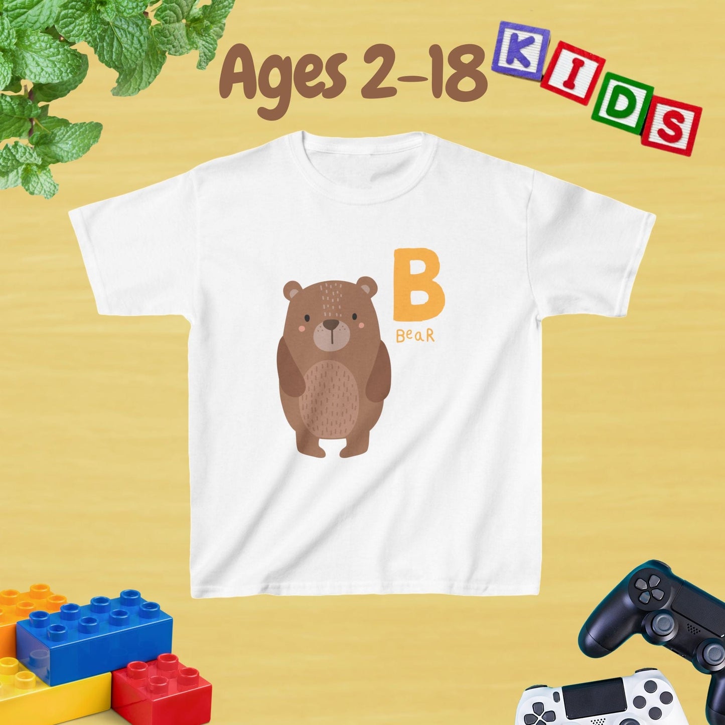 Animal Alphabet - B for Bear Unisex Kids Tee - Graphic Alphabet Tee for Kids Age 2-18
