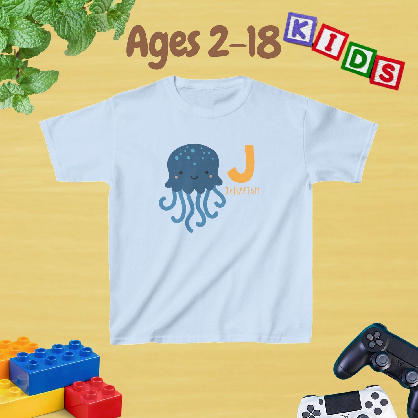 Animal Alphabet - J for Jellyfish Unisex Kids Tee - Graphic Alphabet Tee for Kids Age 2-18