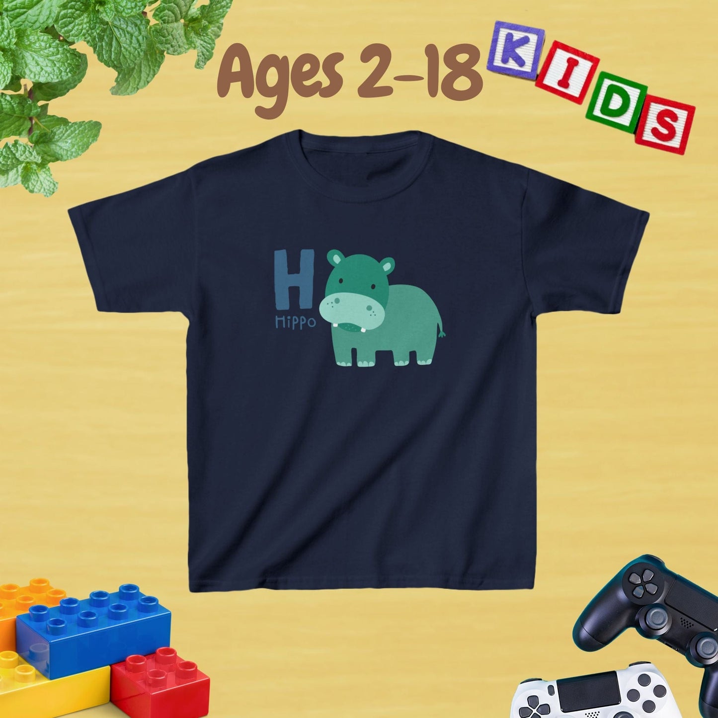 Animal Alphabet - H for Hippo Unisex Kids Tee - Graphic Alphabet Tee for Kids Age 2-18