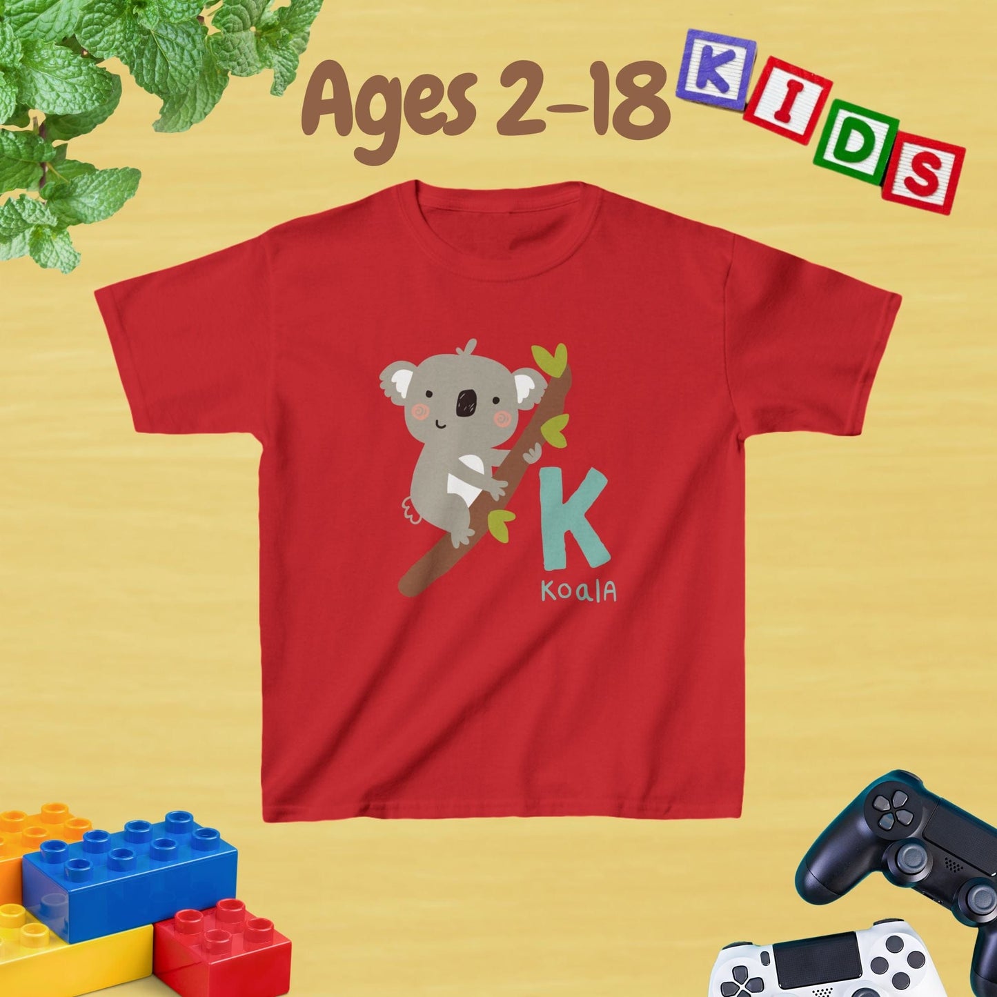 Animal Alphabet - K for Koala Unisex Kids Tee - Fun Educational Graphic Tee for Kids Age 2-18