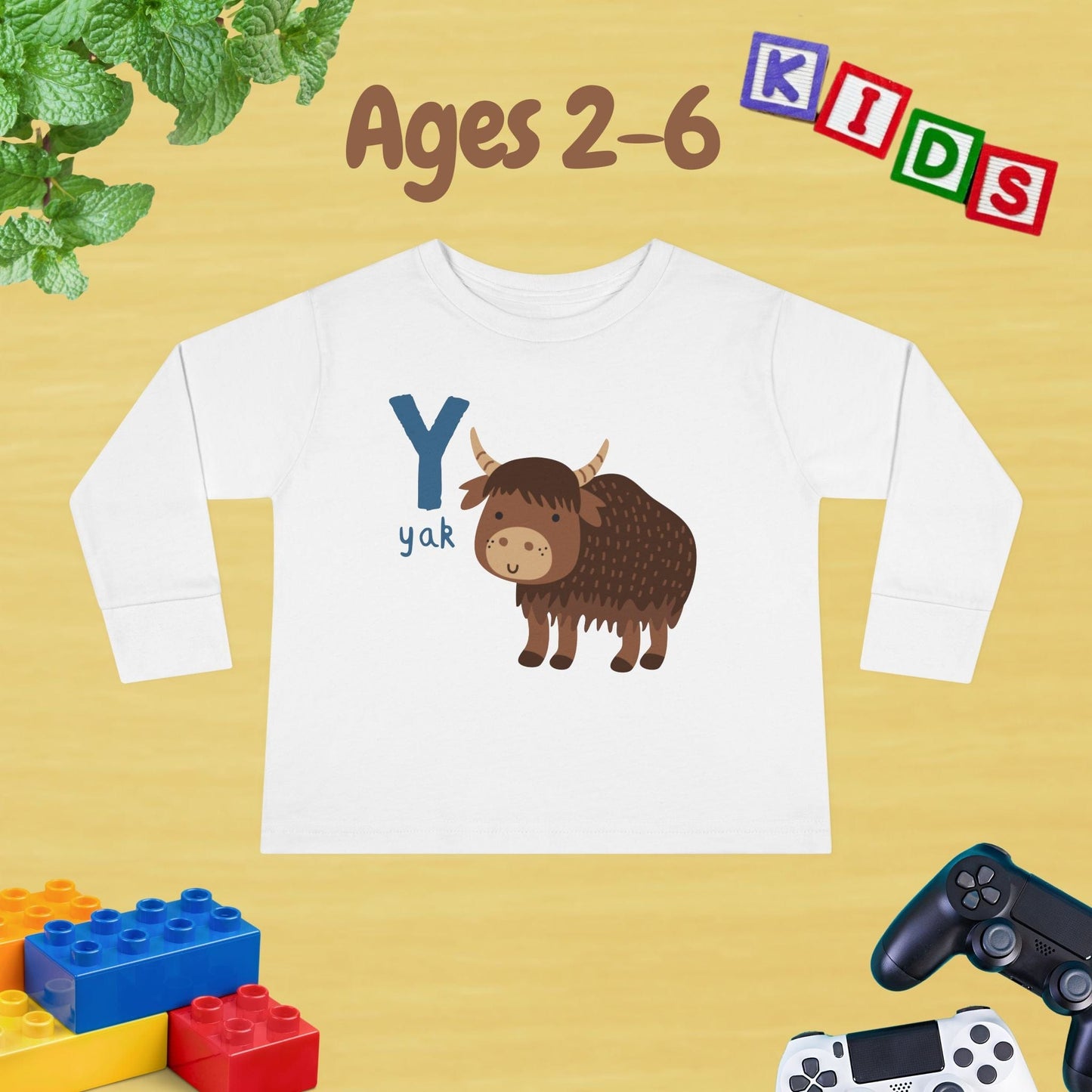 Animal Alphabet Y for Yak Unisex Kids Sweater Toddler Long Sleeve Tee Ages 2-6 - 100% Cotton Spring and Fall Kids Sweatshirt