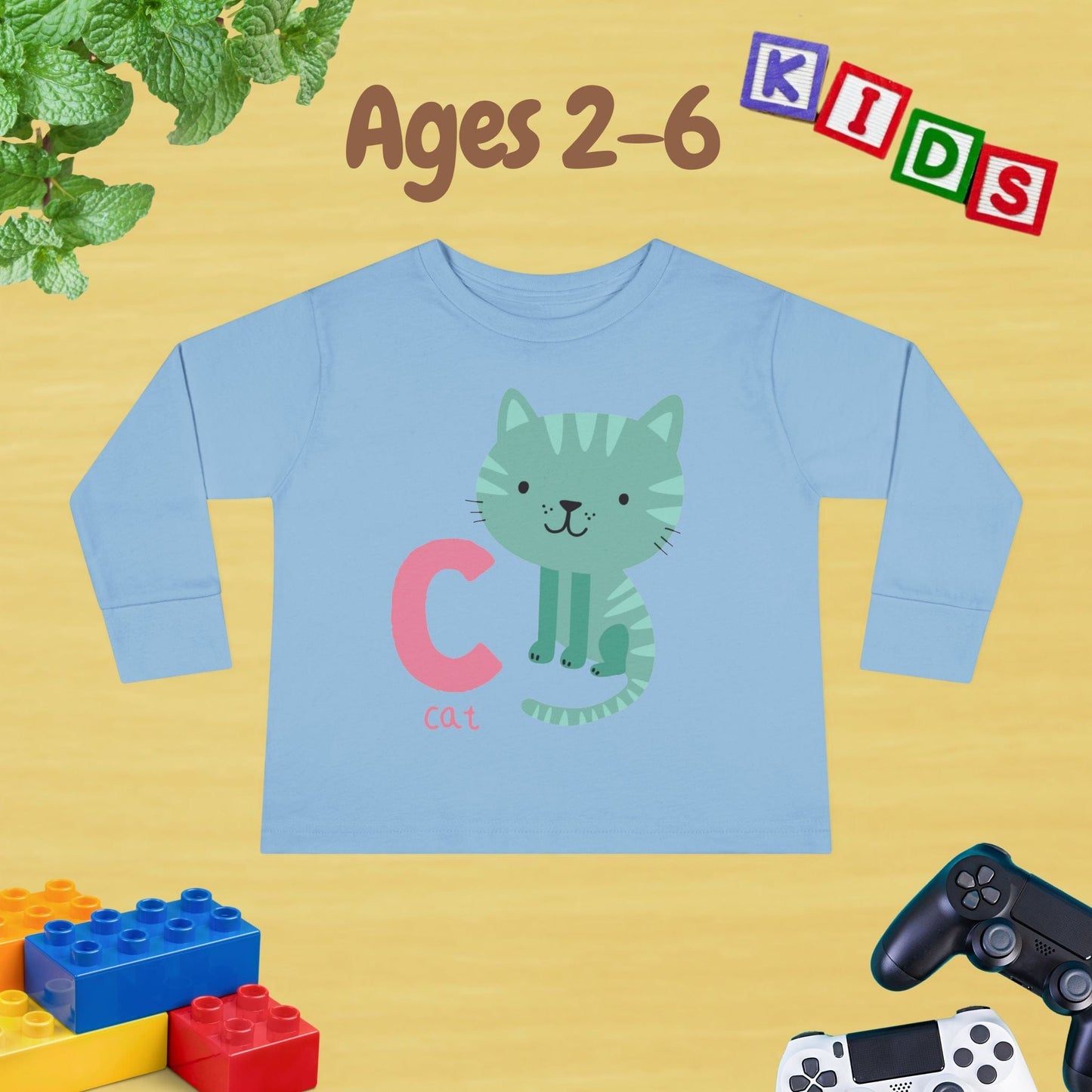 Animal Alphabet C for Cat Unisex Kids Sweater Toddler Long Sleeve Tee Ages 2-6 - 100% Cotton Spring and Fall Kids Sweatshirt