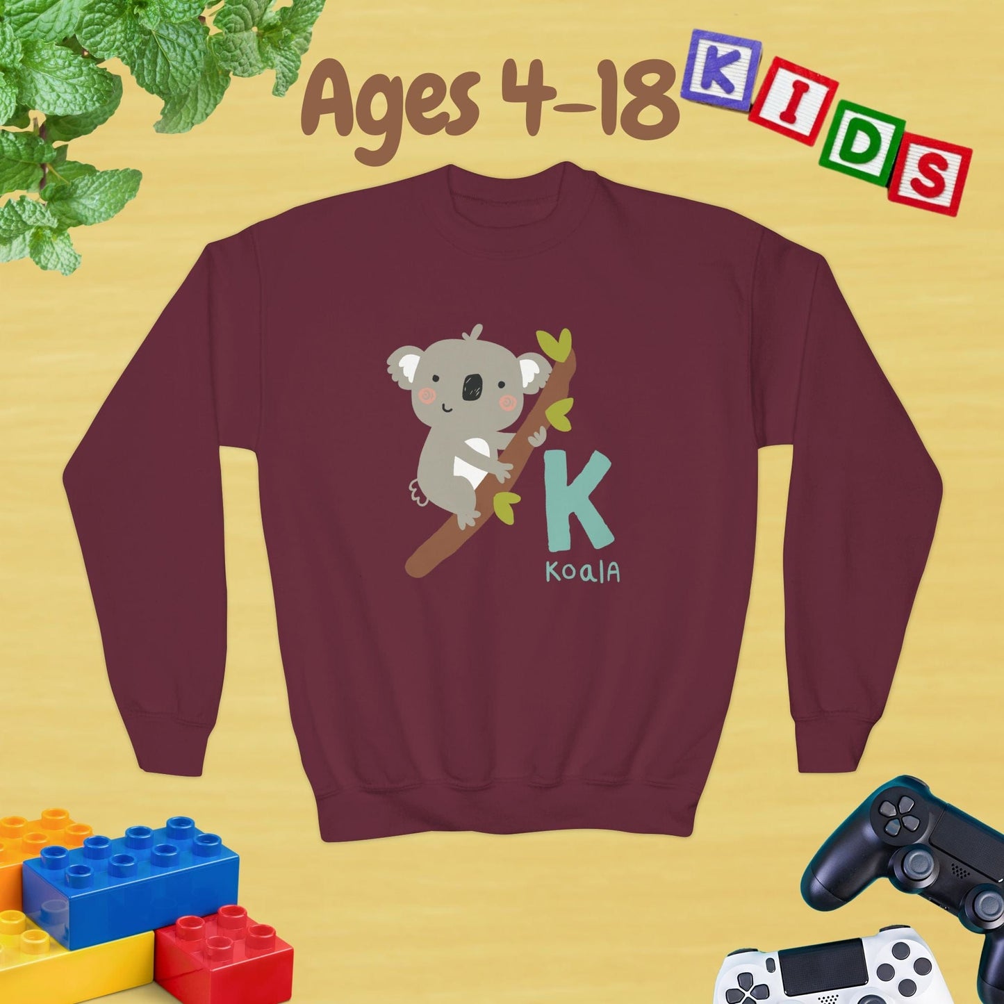 Animal Alphabet - K for Koala Ages 4-18 Unisex Kids and Teens Sweatshirt - Cozy Fall and Winter Youth Sweatshirt