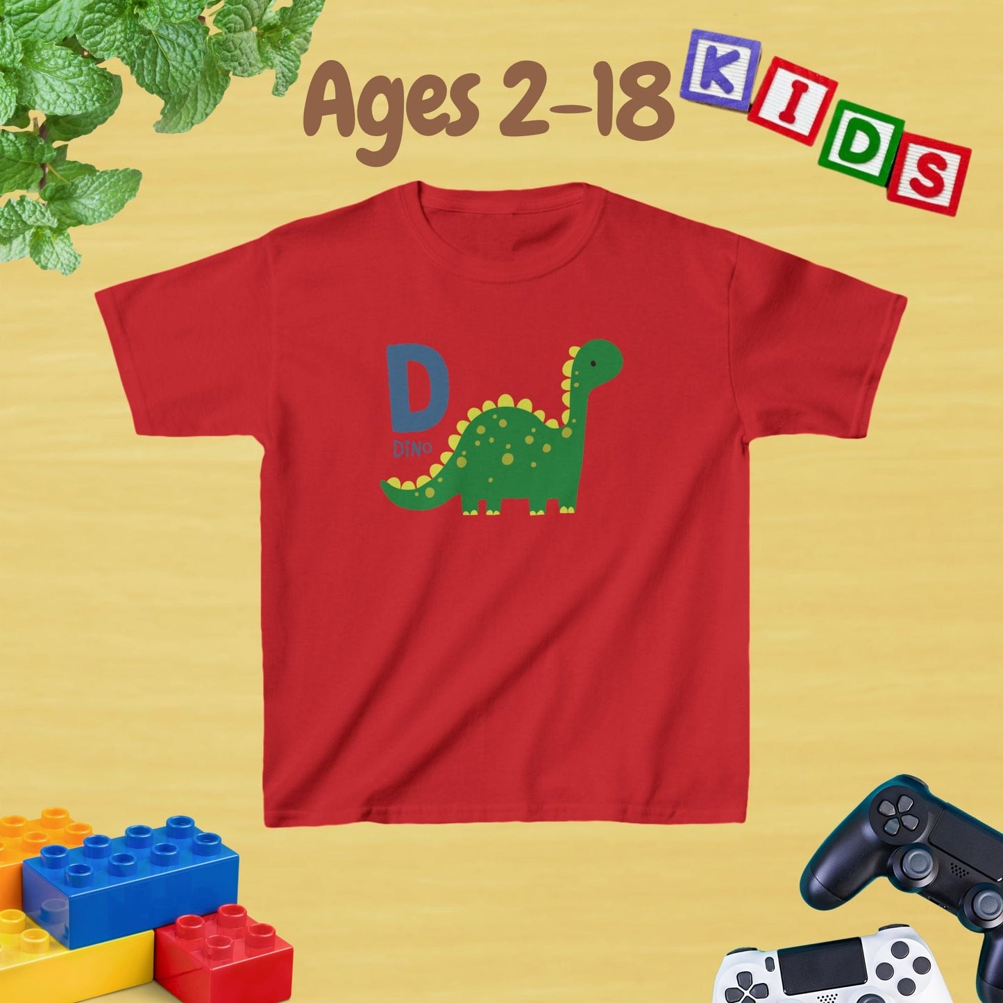 Animal Alphabet - D for Dino Unisex Kids Tee - Graphic Alphabet Tee for Kids Age 2-18