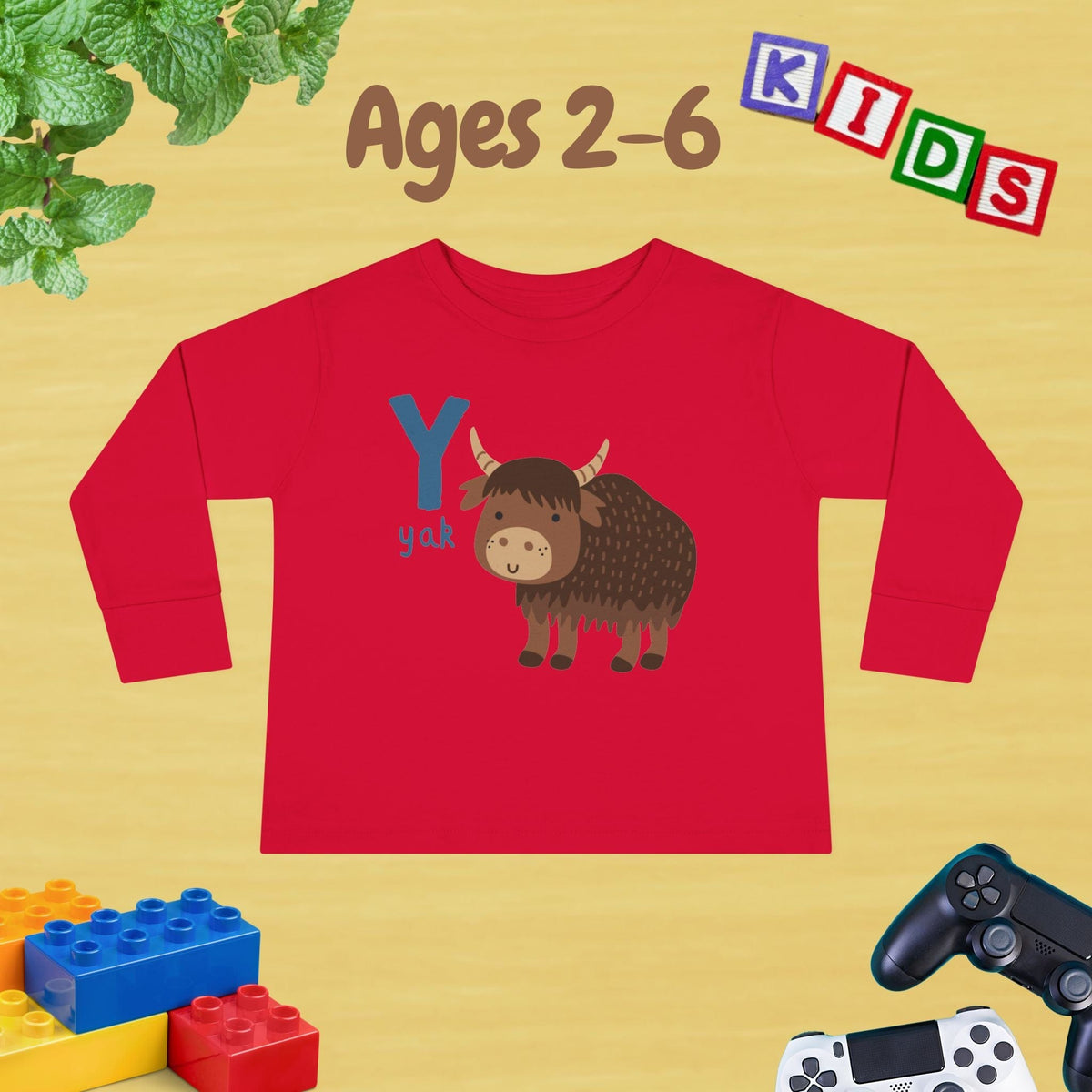 Animal Alphabet Y for Yak Unisex Kids Sweater Toddler Long Sleeve Tee Ages 2-6 - 100% Cotton Spring and Fall Kids Sweatshirt
