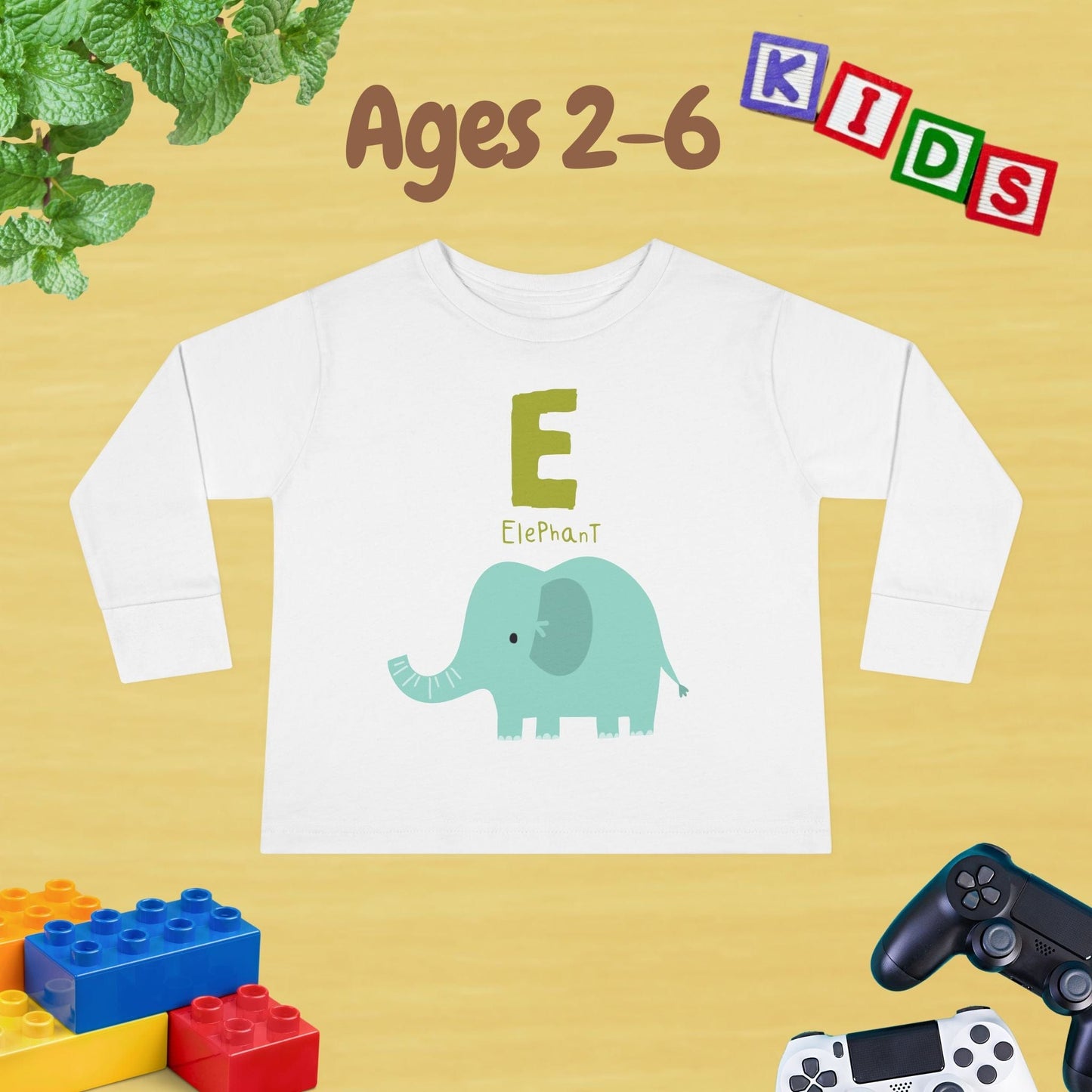 Animal Alphabet E for Elephant Unisex Kids Sweater Toddler Long Sleeve Tee Ages 2-6 - 100% Cotton Spring and Fall Kids Sweatshirt
