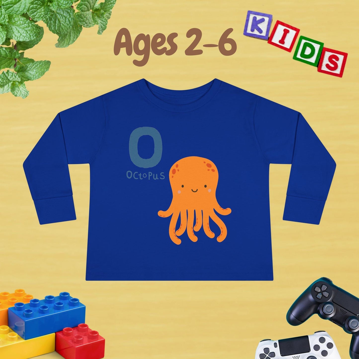 Animal Alphabet O for Octopus Unisex Kids Sweater Toddler Long Sleeve Tee Ages 2-6 - 100% Cotton Spring and Fall Kids Sweatshirt