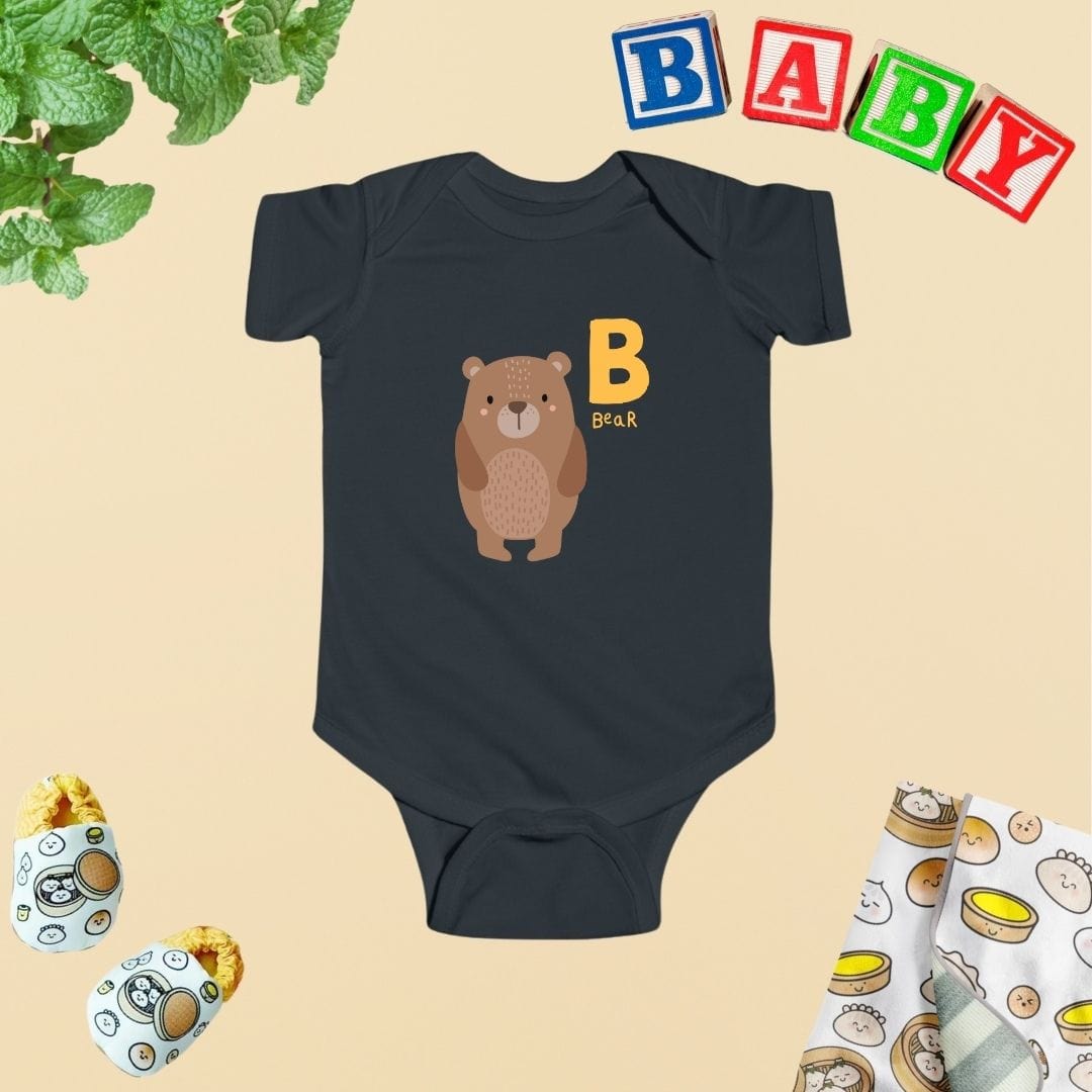 a baby bodysuit with a bear on it