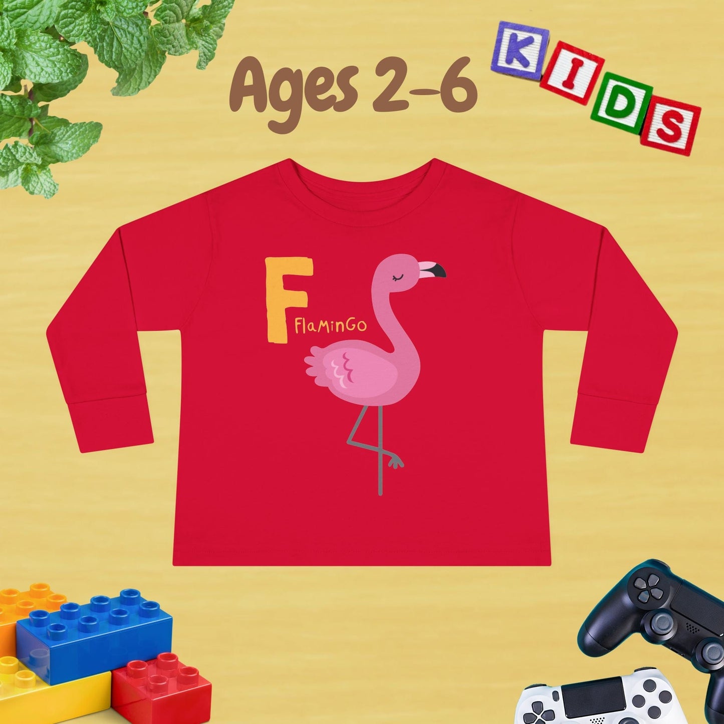 Animal Alphabet F for Flamingo Unisex Kids Sweater Toddler Long Sleeve Tee Ages 2-6 - 100% Cotton Spring and Fall Kids Sweatshirt