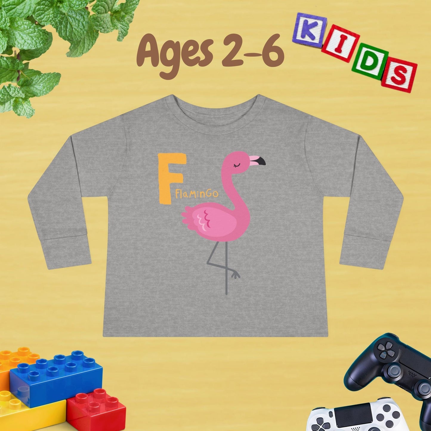 Animal Alphabet F for Flamingo Unisex Kids Sweater Toddler Long Sleeve Tee Ages 2-6 - 100% Cotton Spring and Fall Kids Sweatshirt
