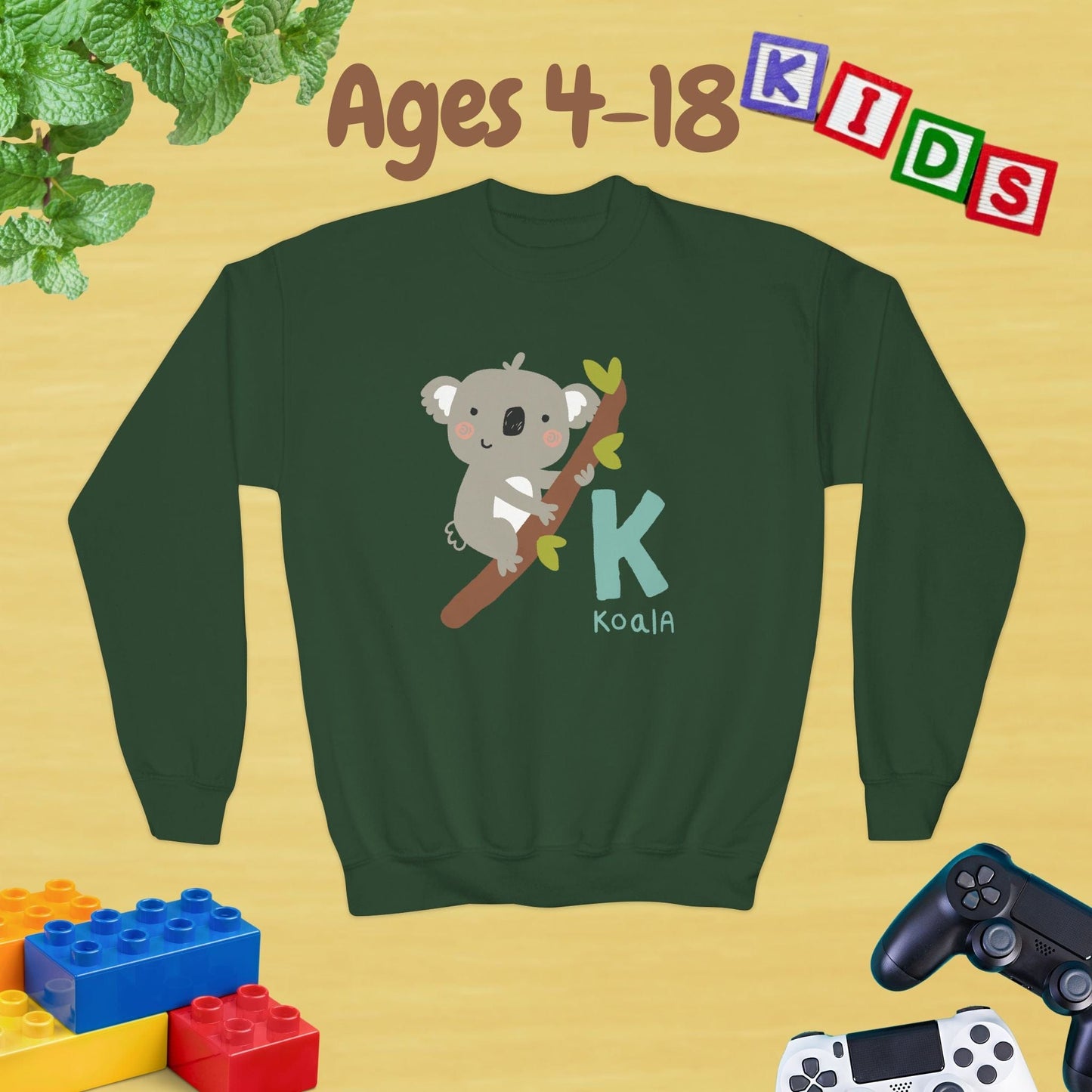 Animal Alphabet - K for Koala Ages 4-18 Unisex Kids and Teens Sweatshirt - Cozy Fall and Winter Youth Sweatshirt