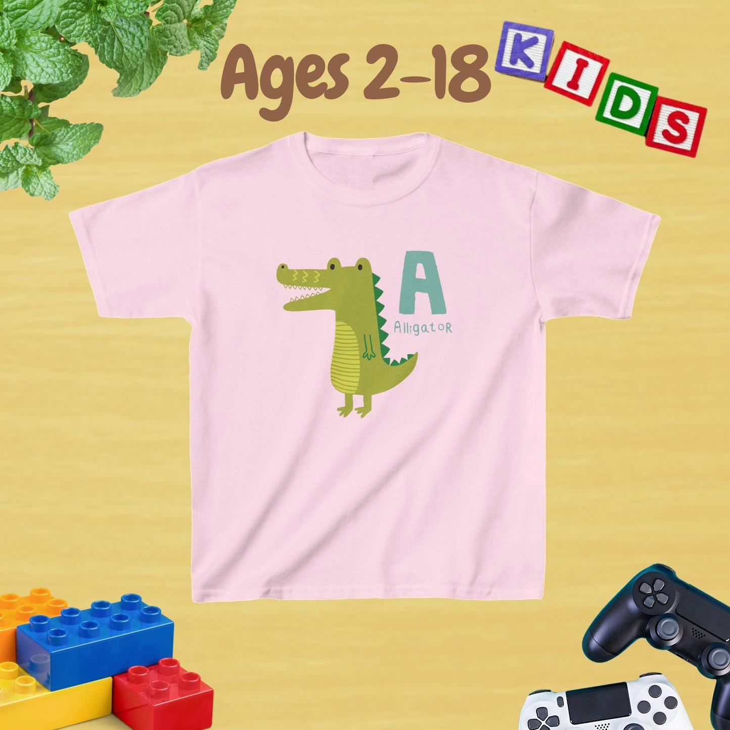 Animal Alphabet - A for Alligator Unisex Kids Tee - Graphic Alphabet Tee for Kids