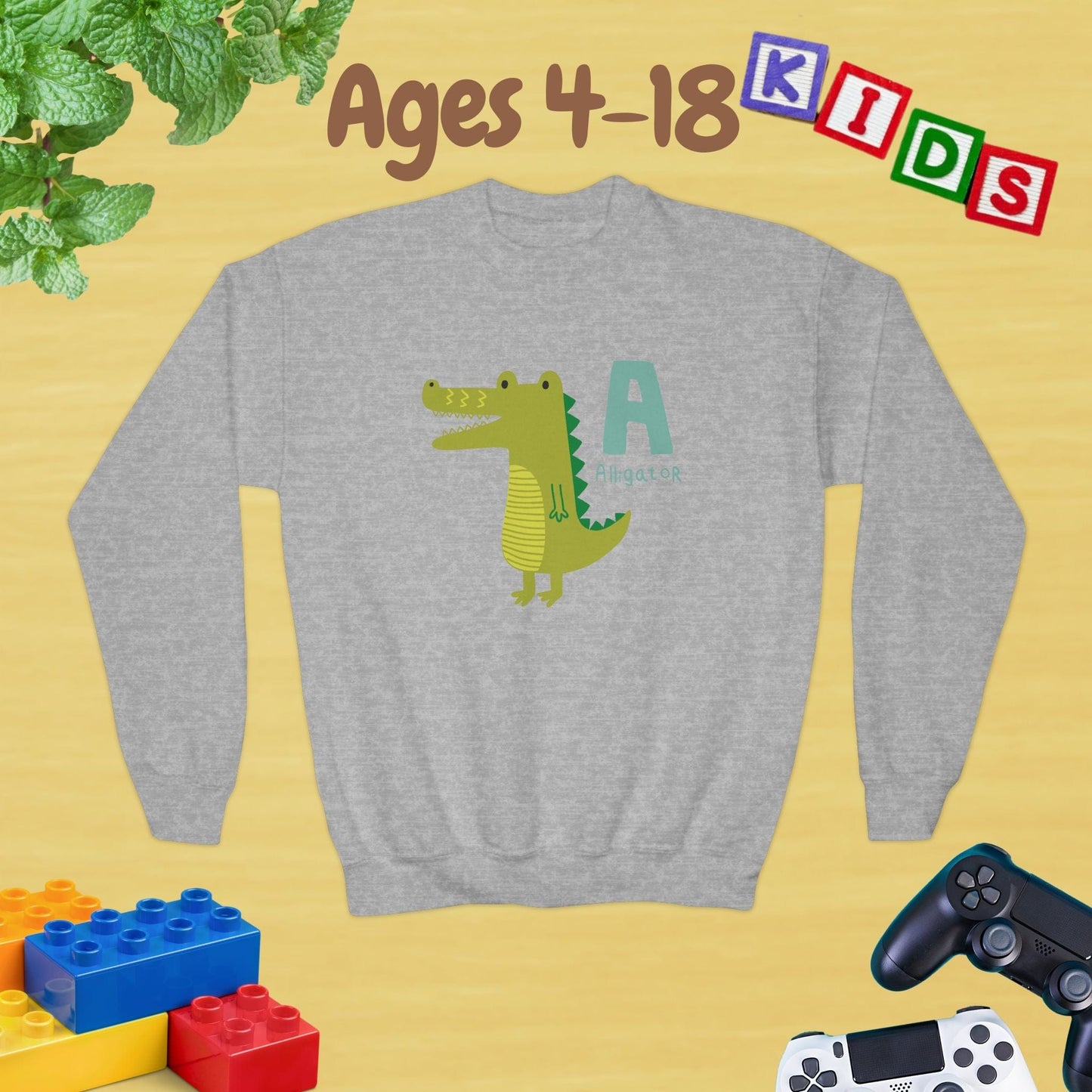 Animal Alphabet - A for Alligator Ages 4-18 Unisex Kids and Teens Sweatshirt - Cozy Fall and Winter Youth Sweatshirt
