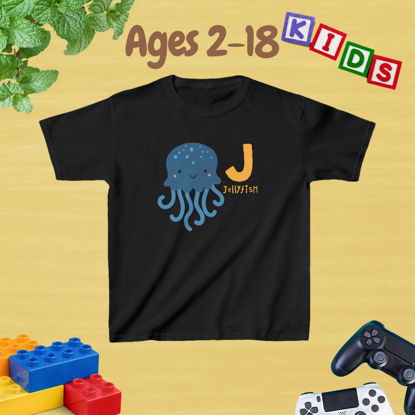 Animal Alphabet - J for Jellyfish Unisex Kids Tee - Graphic Alphabet Tee for Kids Age 2-18