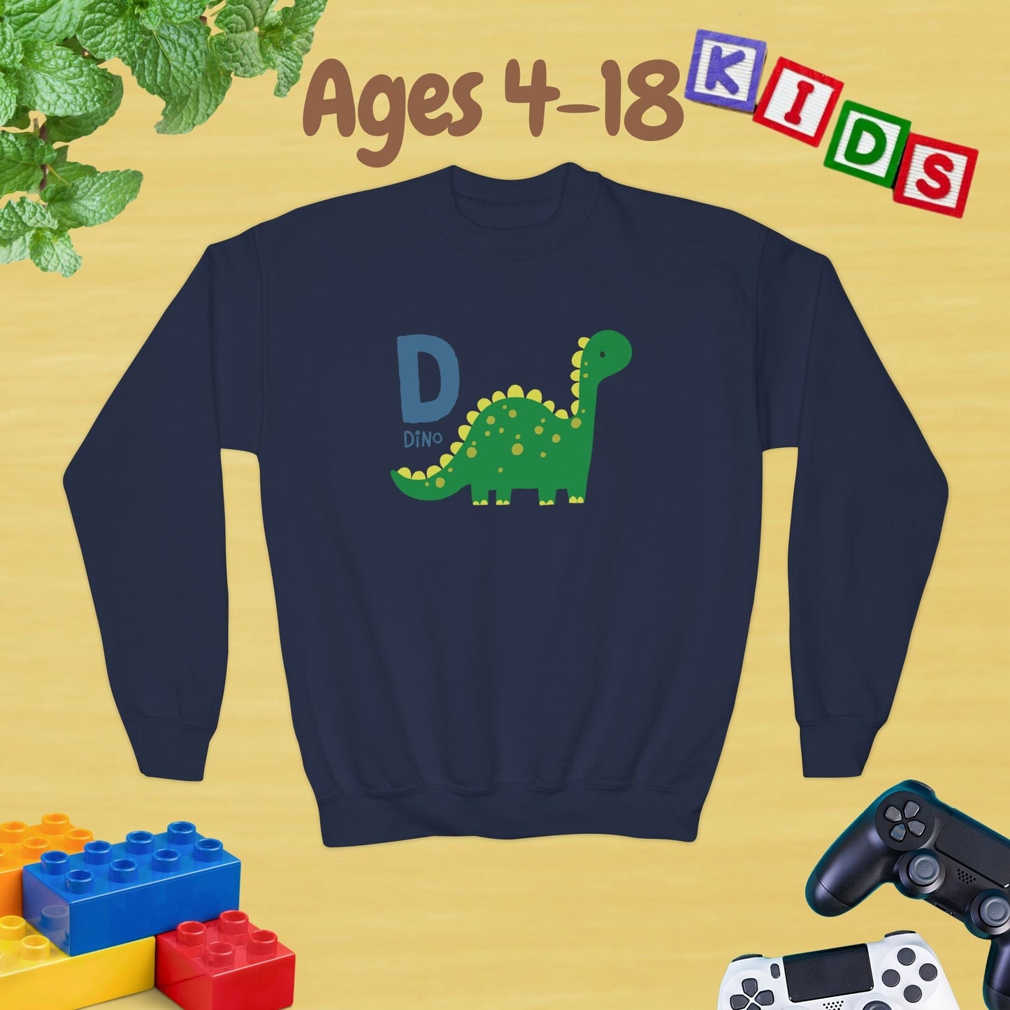 Animal Alphabet - D for Dino Ages 4-18 Unisex Kids and Teens Sweatshirt - Cozy Fall and Winter Youth Sweatshirt