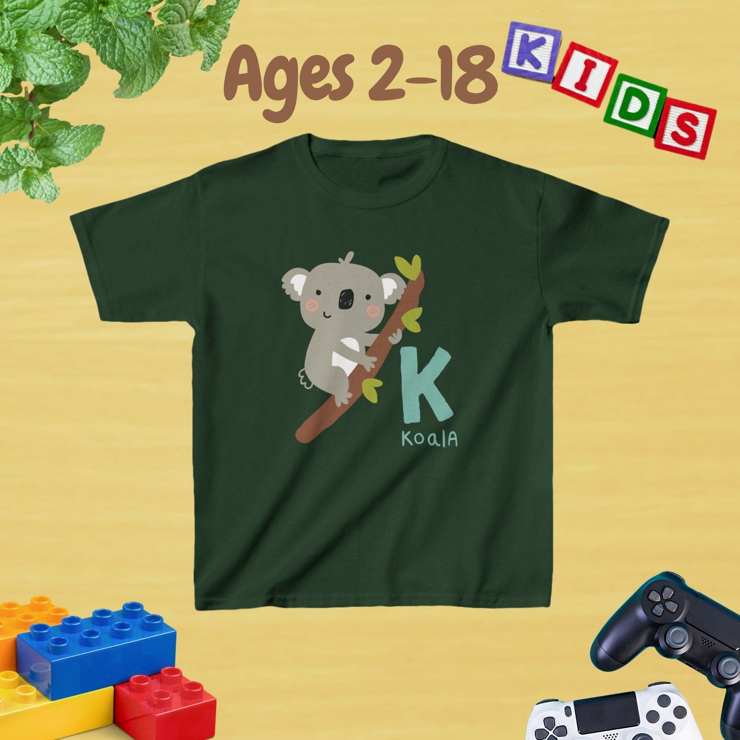 Animal Alphabet - K for Koala Unisex Kids Tee - Fun Educational Graphic Tee for Kids Age 2-18