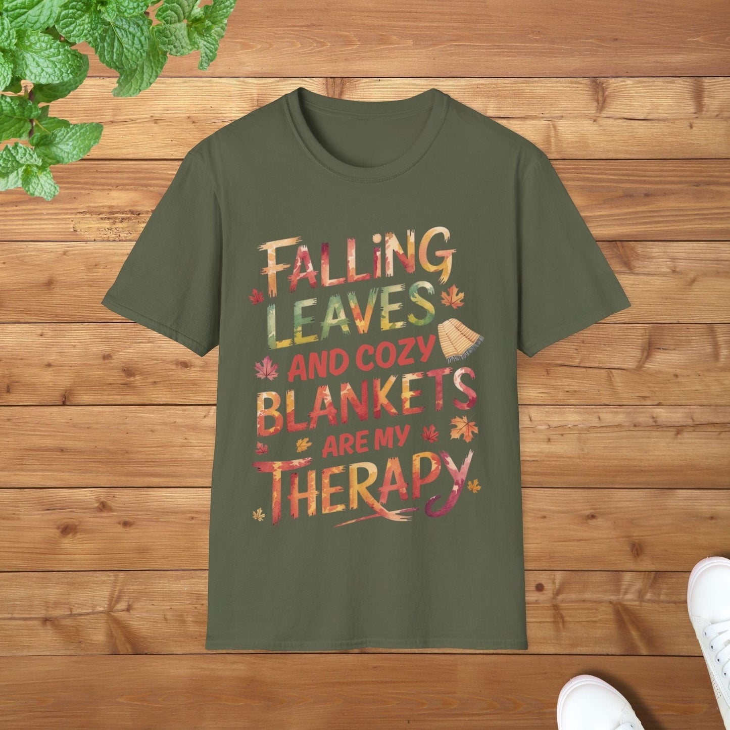 Falling Leaves & Cozy Blankets Are My Therapy Embrace Edition Softstyle Unisex Adult T-Shirt- Perfect for Cozy Fall Days