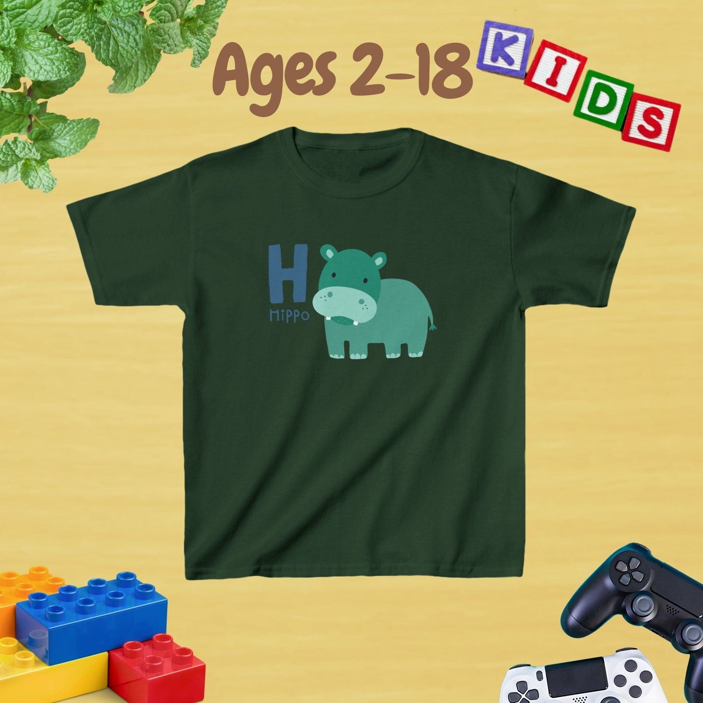 Animal Alphabet - H for Hippo Unisex Kids Tee - Graphic Alphabet Tee for Kids Age 2-18