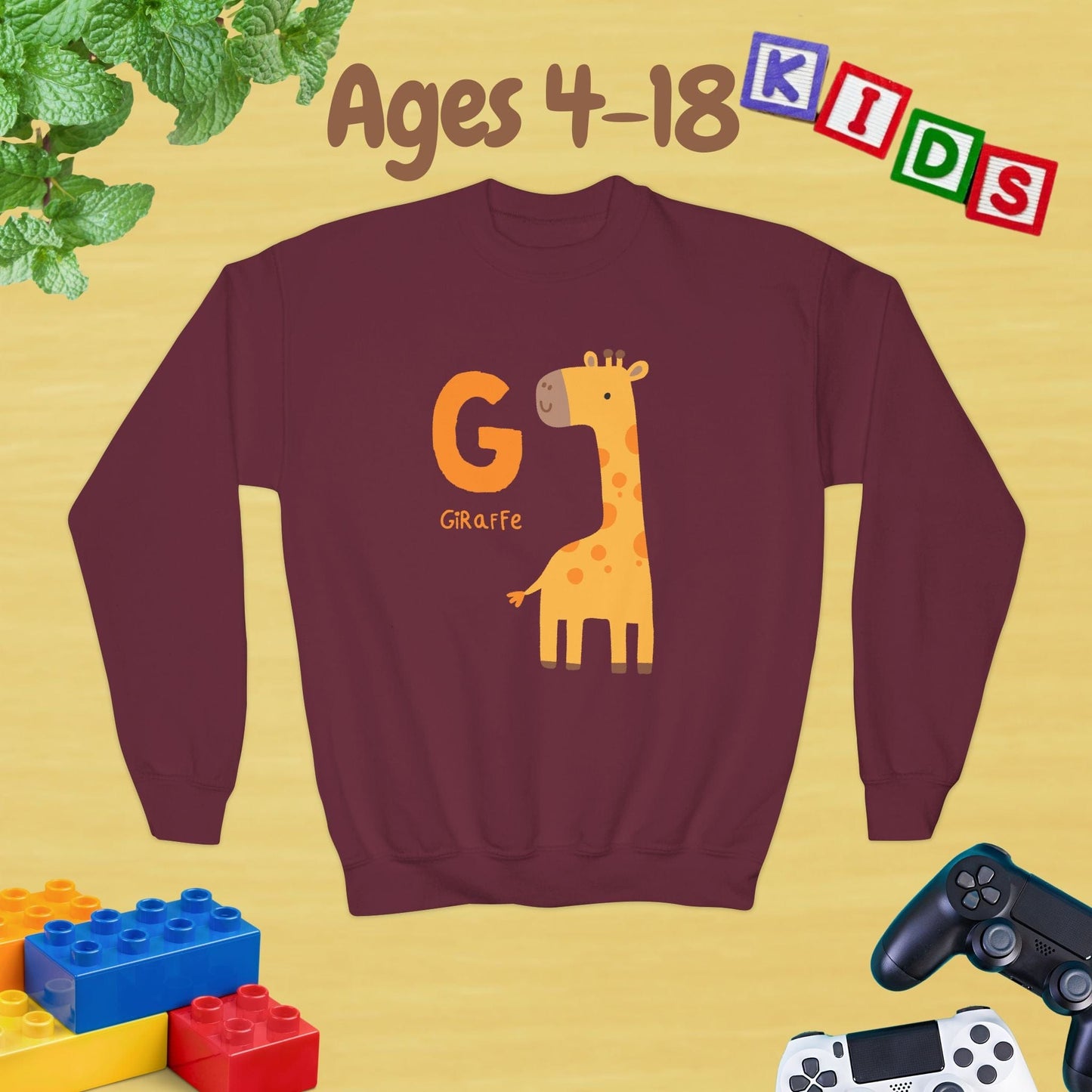 Animal Alphabet - G for Giraffe Ages 4-18 Unisex Kids and Teens Sweatshirt - Cozy Fall and Winter Youth Sweatshirt