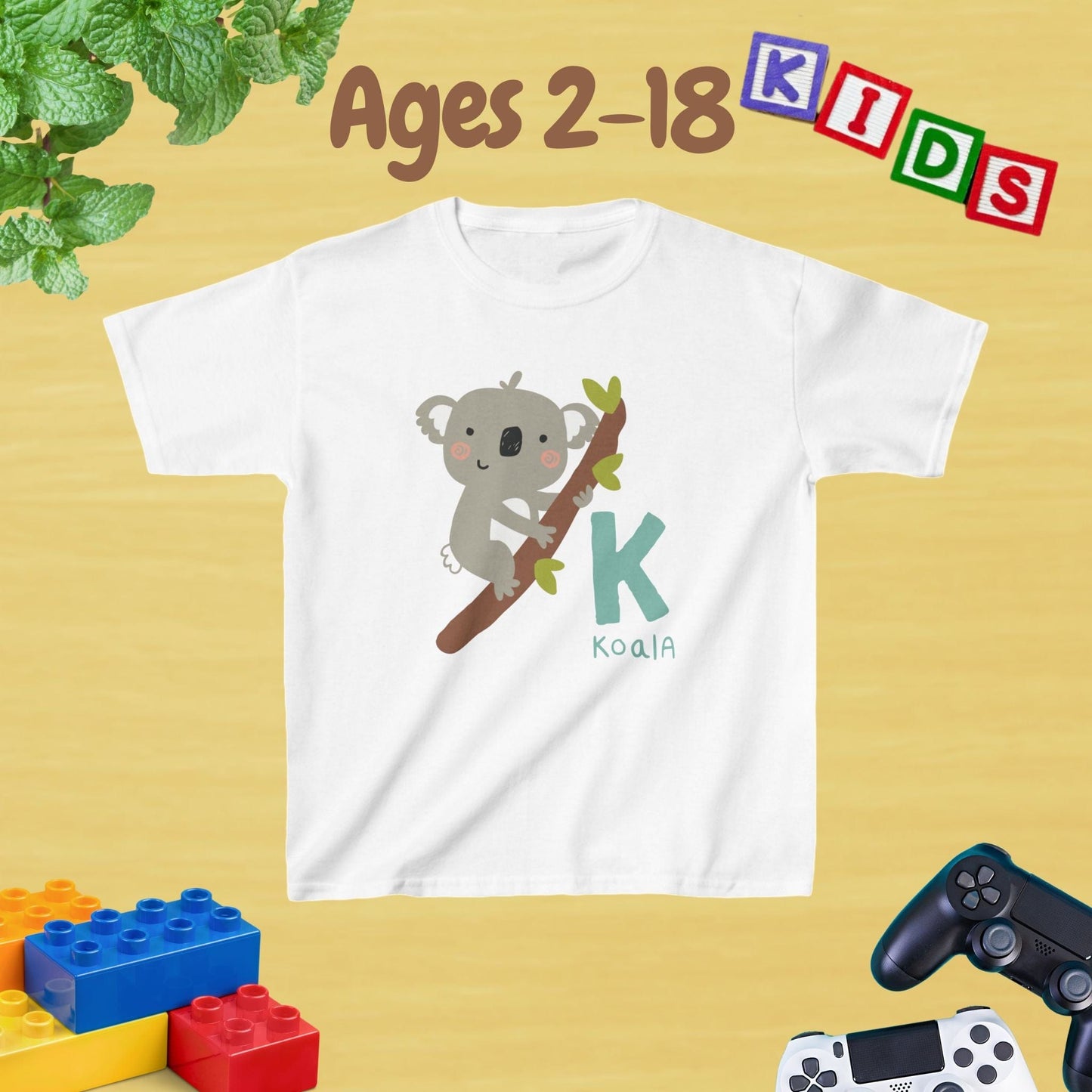 Animal Alphabet - K for Koala Unisex Kids Tee - Fun Educational Graphic Tee for Kids Age 2-18