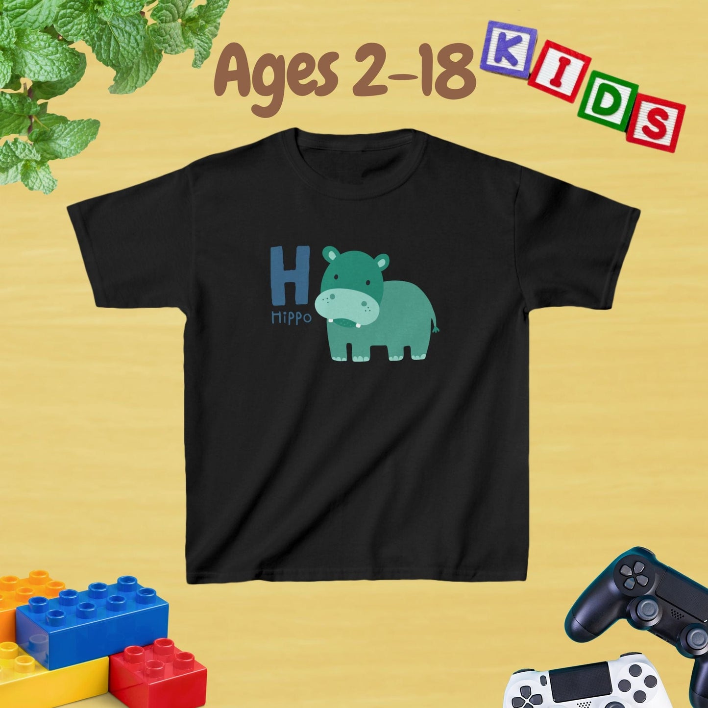 Animal Alphabet - H for Hippo Unisex Kids Tee - Graphic Alphabet Tee for Kids Age 2-18