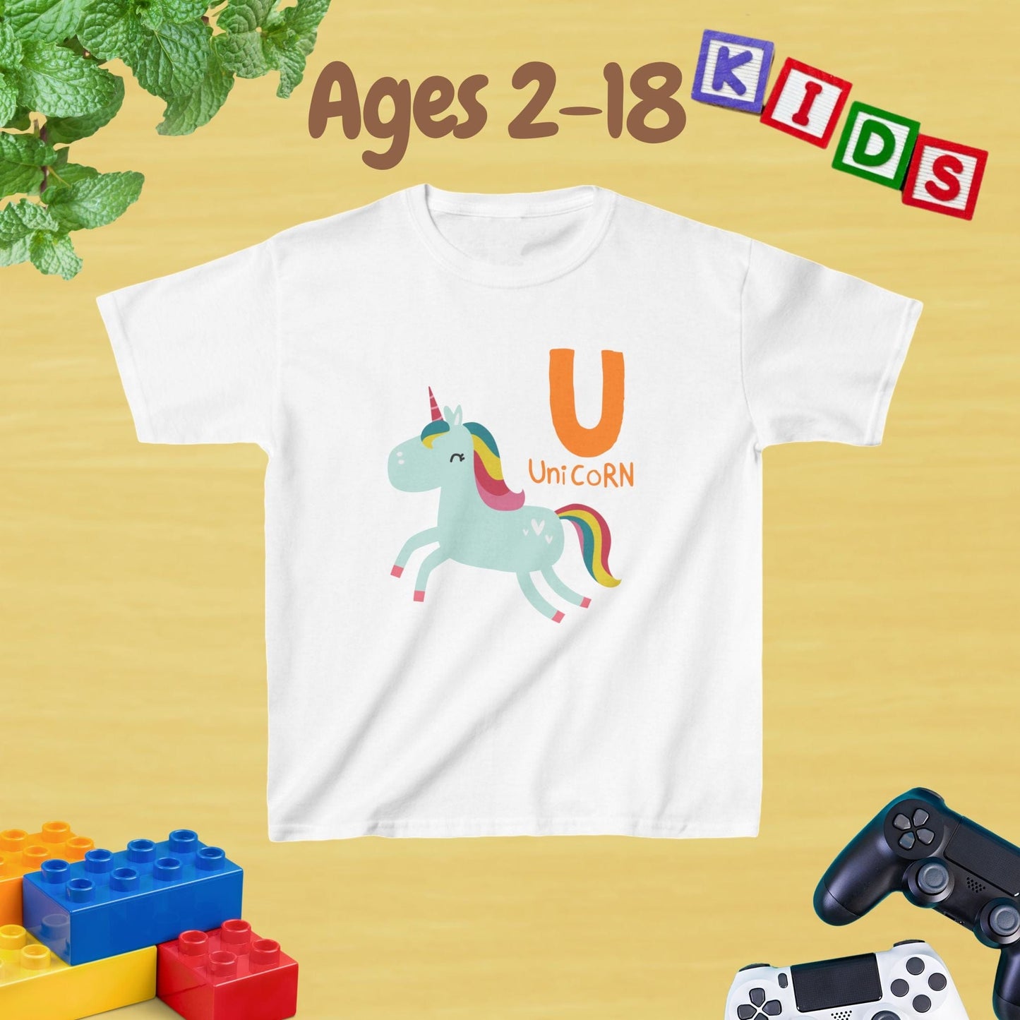 Animal Alphabet - U for Unicorn Unisex Kids Tee - Fun Educational Graphic Tee for Age 2-18 Kids