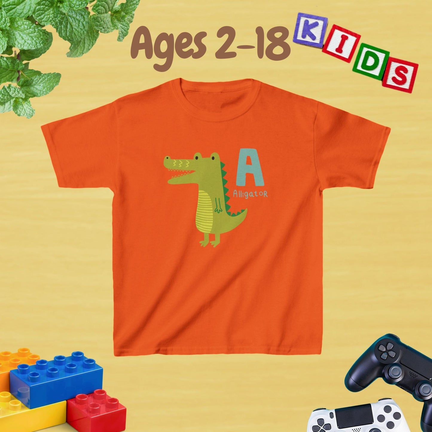 Animal Alphabet - A for Alligator Unisex Kids Tee - Graphic Alphabet Tee for Kids