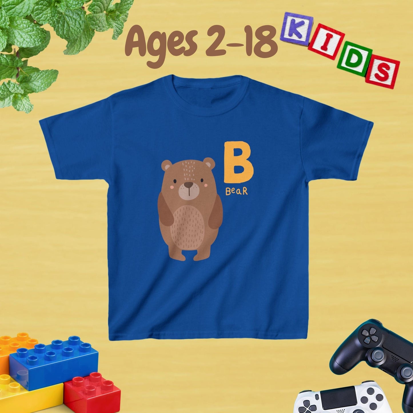 Animal Alphabet - B for Bear Unisex Kids Tee - Graphic Alphabet Tee for Kids Age 2-18