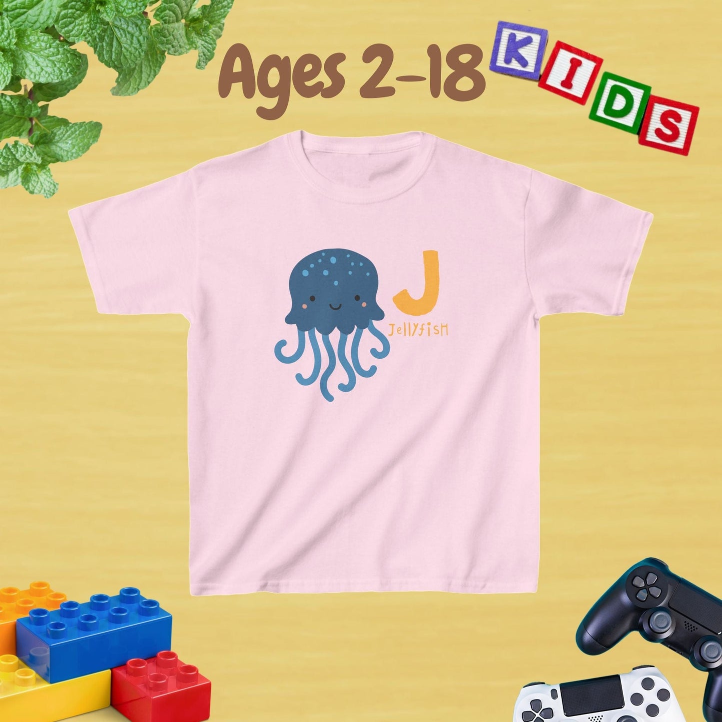 Animal Alphabet - J for Jellyfish Unisex Kids Tee - Graphic Alphabet Tee for Kids Age 2-18