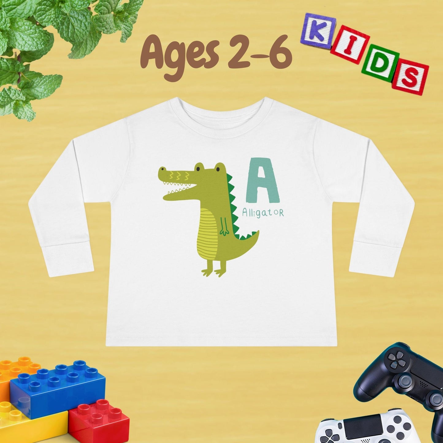 Animal Alphabet A for Alligator Unisex Kids Sweater Toddler Long Sleeve Tee Ages 2-6 - 100% Cotton Spring and Fall Kids Sweatshirt