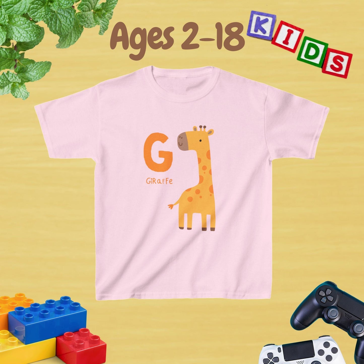 Animal Alphabet - G for Giraffe Unisex Kids Tee - Graphic Alphabet Tee for Kids Age 2-18