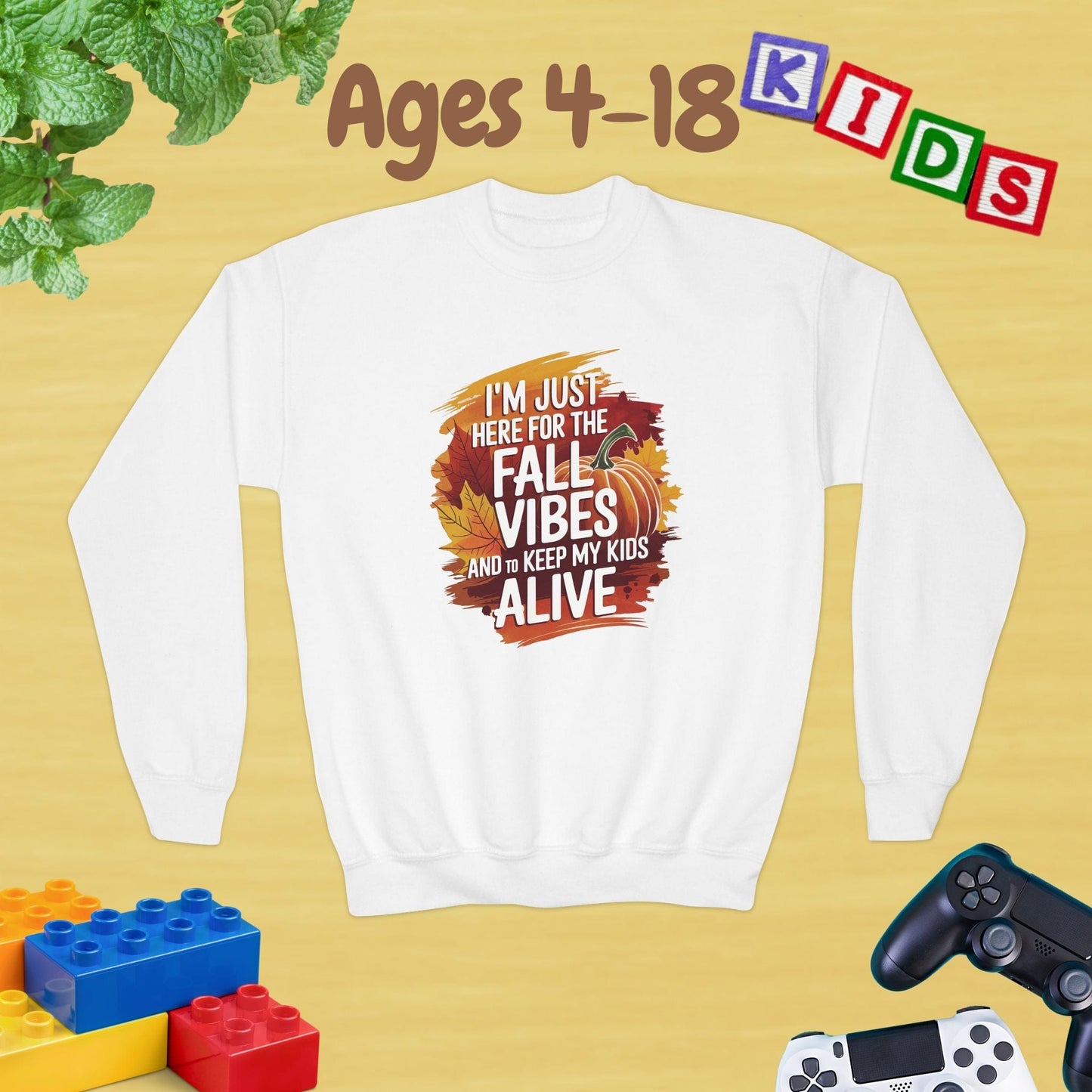 I am Just Here for the Fall Vibes & to Keep My Kids Alive Chill Unisex Ages 4-18 Kids Teens Sweatshirt - Cozy Fall Winter Youth Sweatshirt
