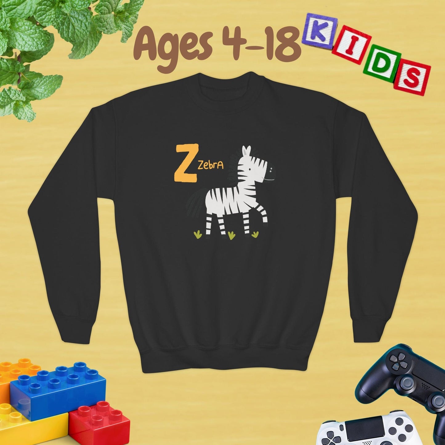 Animal Alphabet Z for Zebra Ages 4-18 Unisex Kids and Teens Sweatshirt - Cozy Fall and Winter Youth Sweatshirt