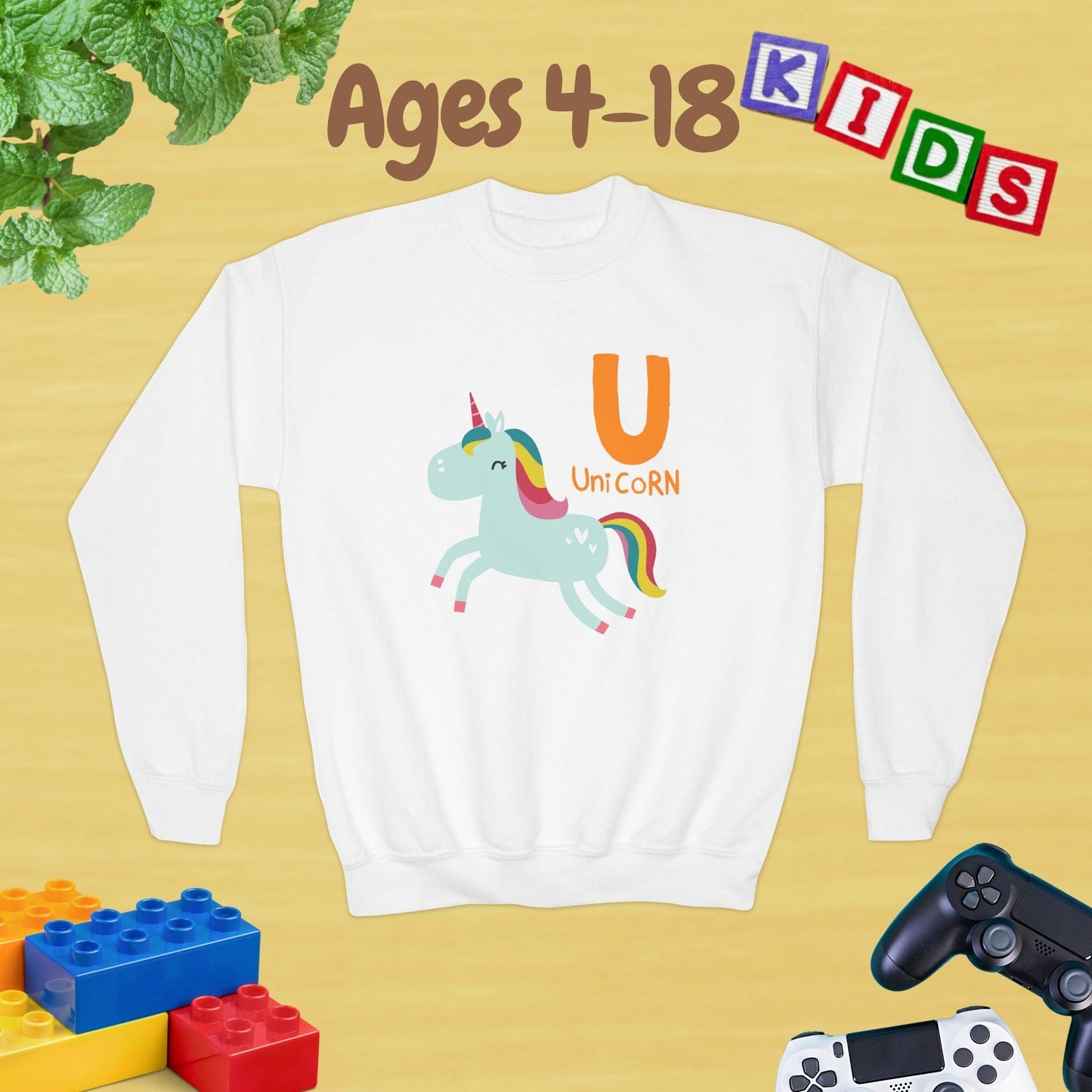 Animal Alphabet U for Unicorn Ages 4-18 Unisex Kids and Teens Sweatshirt - Cozy Fall and Winter Youth Sweatshirt