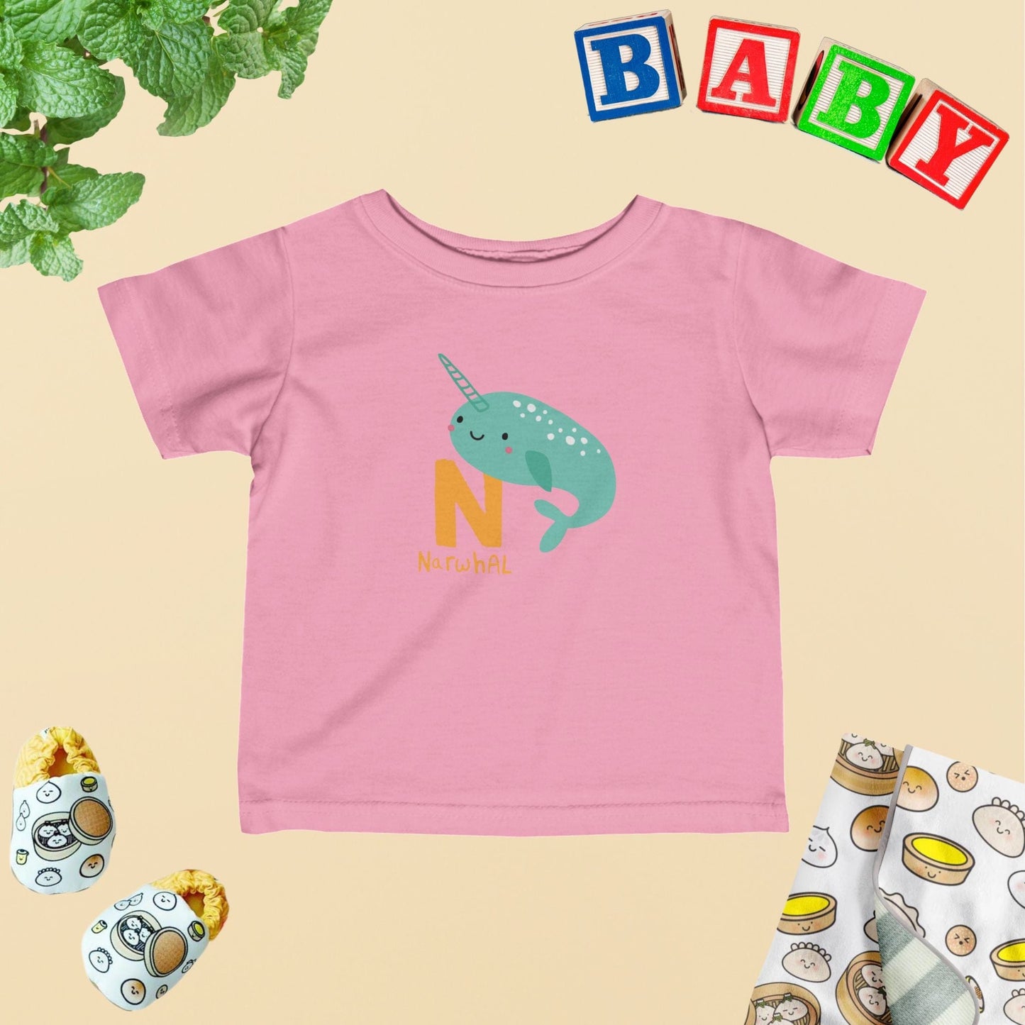 Animal Alphabet - N for Narwhal Baby Tee - Unisex Graphic Tee for Babies