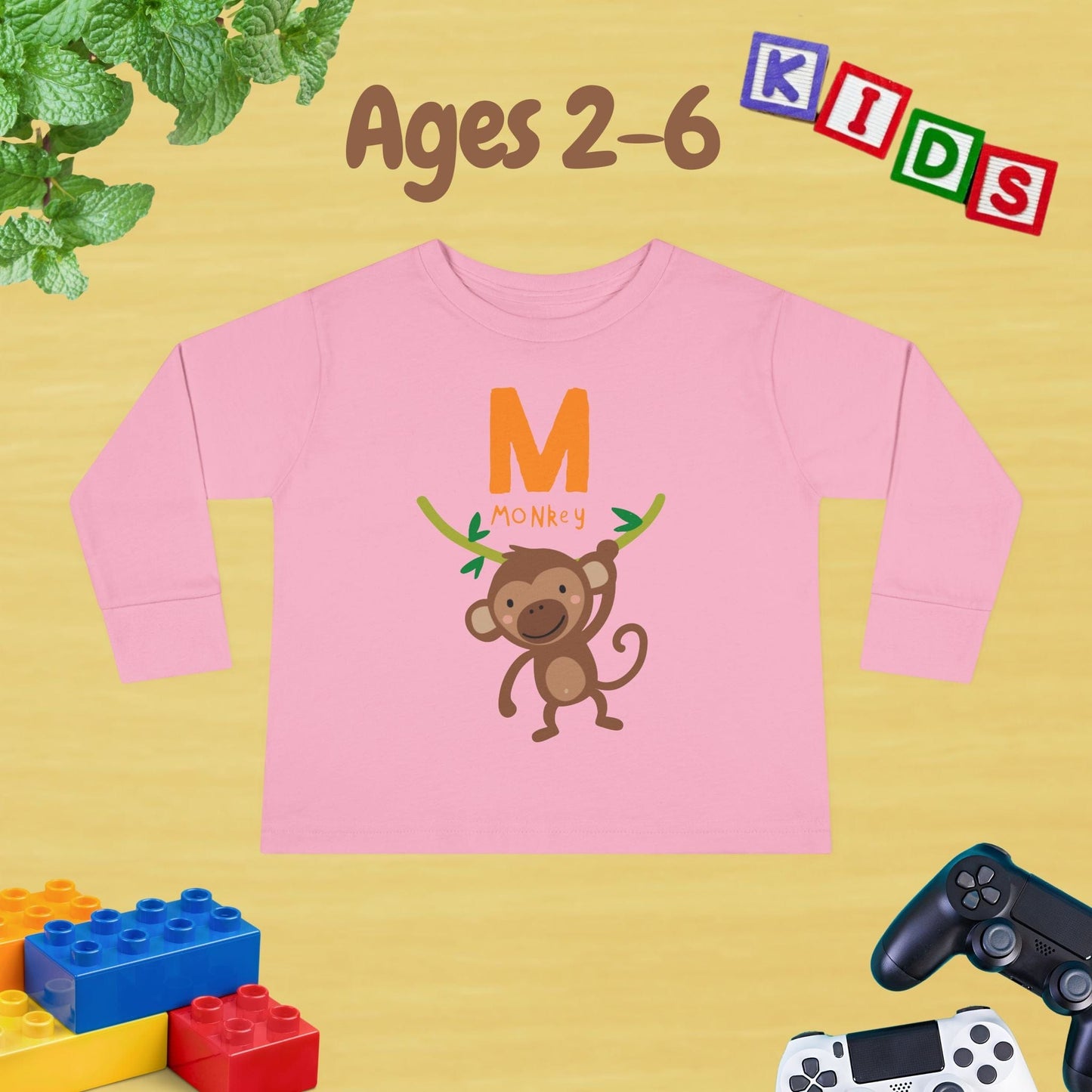Animal Alphabet M for Monkey Unisex Kids Sweater Toddler Long Sleeve Tee Ages 2-6 - 100% Cotton Spring and Fall Kids Sweatshirt