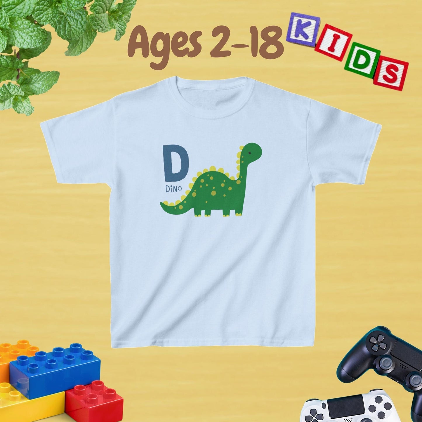 Animal Alphabet - D for Dino Unisex Kids Tee - Graphic Alphabet Tee for Kids Age 2-18
