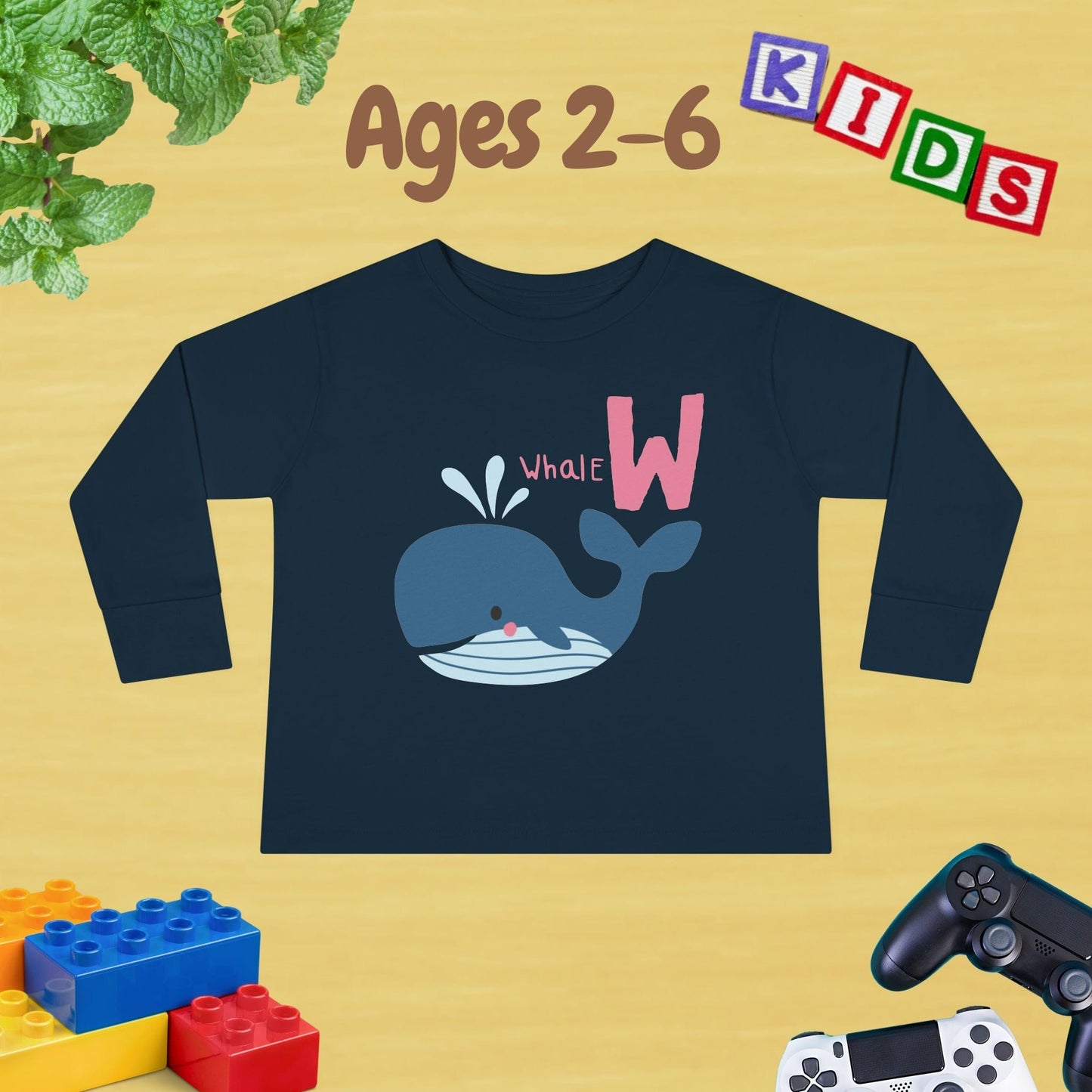 Animal Alphabet W for Whale Unisex Kids Sweater Toddler Long Sleeve Tee Ages 2-6 - 100% Cotton Spring and Fall Kids Sweatshirt