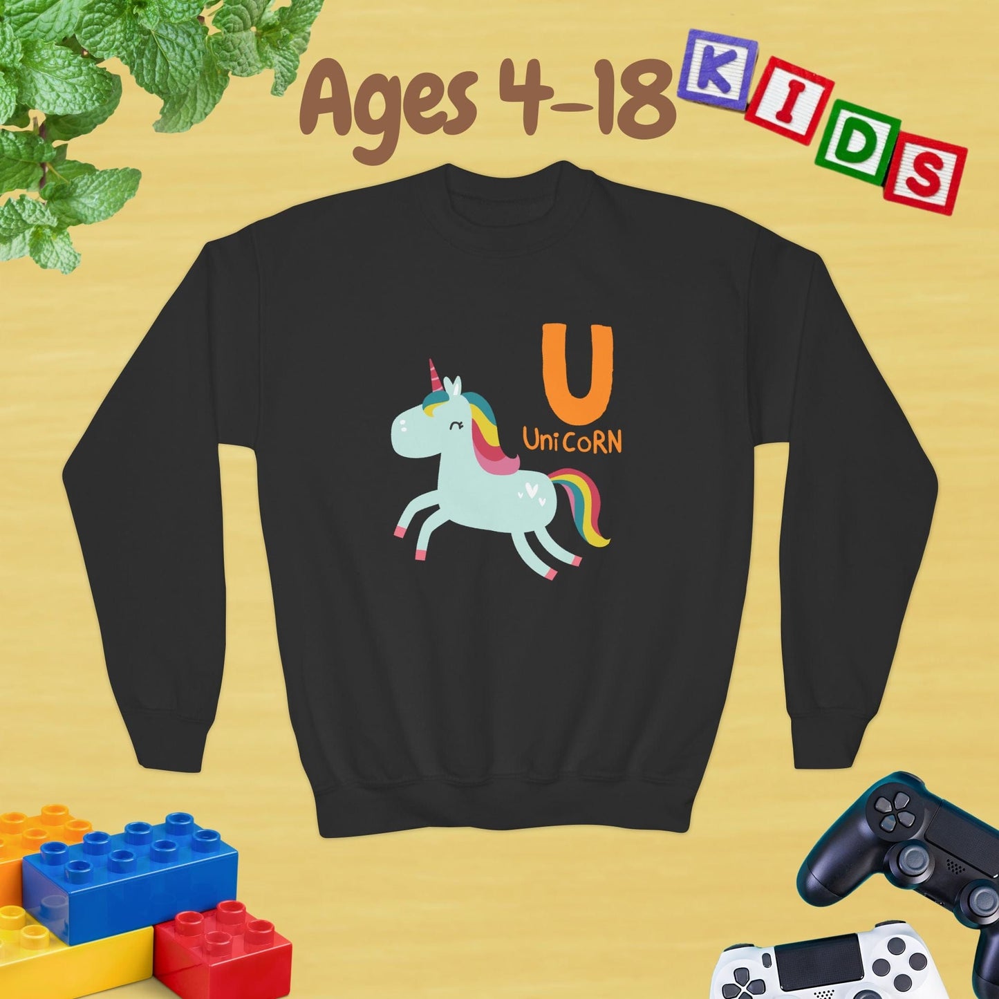 Animal Alphabet U for Unicorn Ages 4-18 Unisex Kids and Teens Sweatshirt - Cozy Fall and Winter Youth Sweatshirt