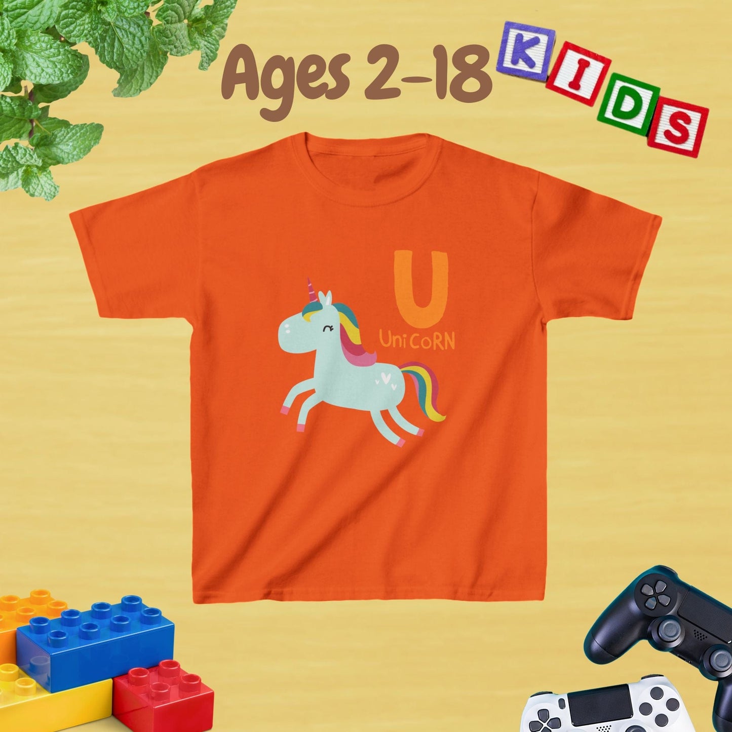 Animal Alphabet - U for Unicorn Unisex Kids Tee - Fun Educational Graphic Tee for Age 2-18 Kids