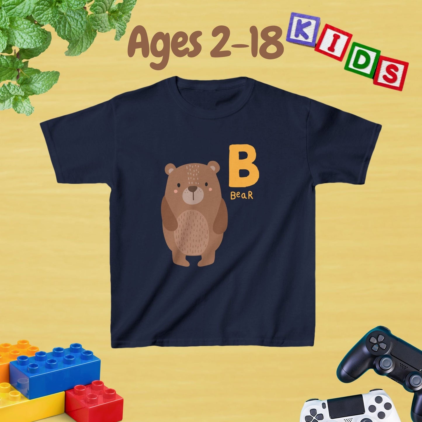 Animal Alphabet - B for Bear Unisex Kids Tee - Graphic Alphabet Tee for Kids Age 2-18