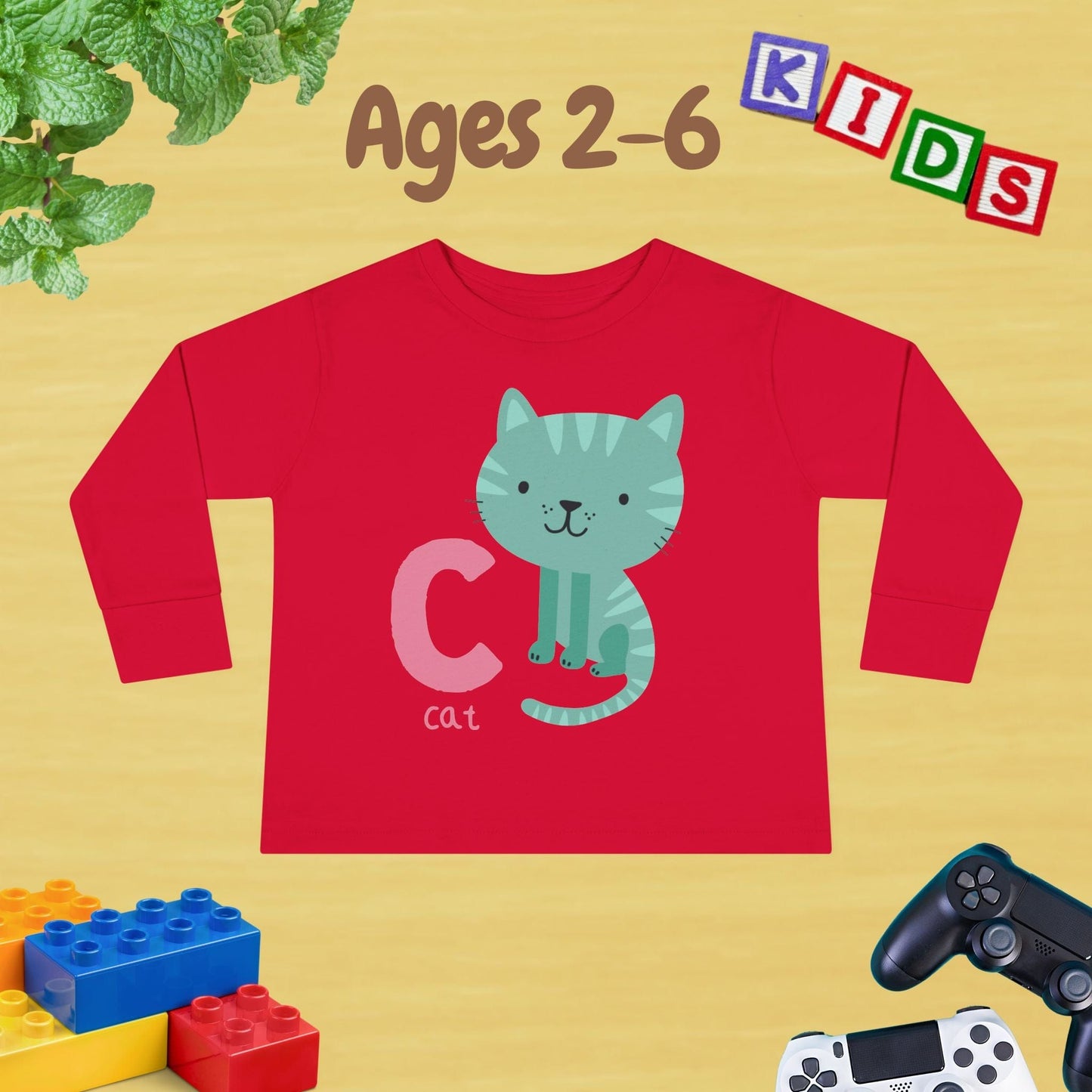 Animal Alphabet C for Cat Unisex Kids Sweater Toddler Long Sleeve Tee Ages 2-6 - 100% Cotton Spring and Fall Kids Sweatshirt