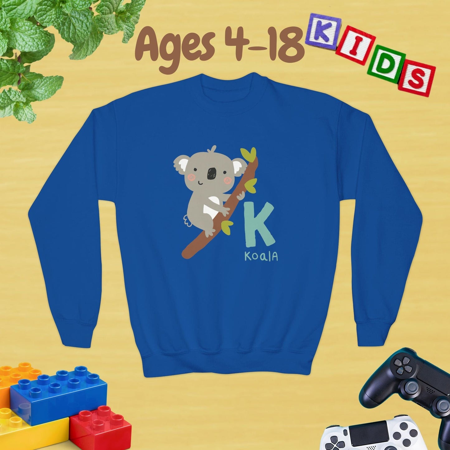 Animal Alphabet - K for Koala Ages 4-18 Unisex Kids and Teens Sweatshirt - Cozy Fall and Winter Youth Sweatshirt