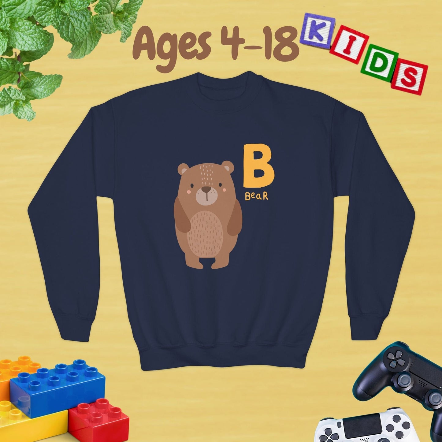 Animal Alphabet - B for Bear Ages 4-18 Unisex Kids and Teens Sweatshirt - Cozy Fall and Winter Youth Sweatshirt