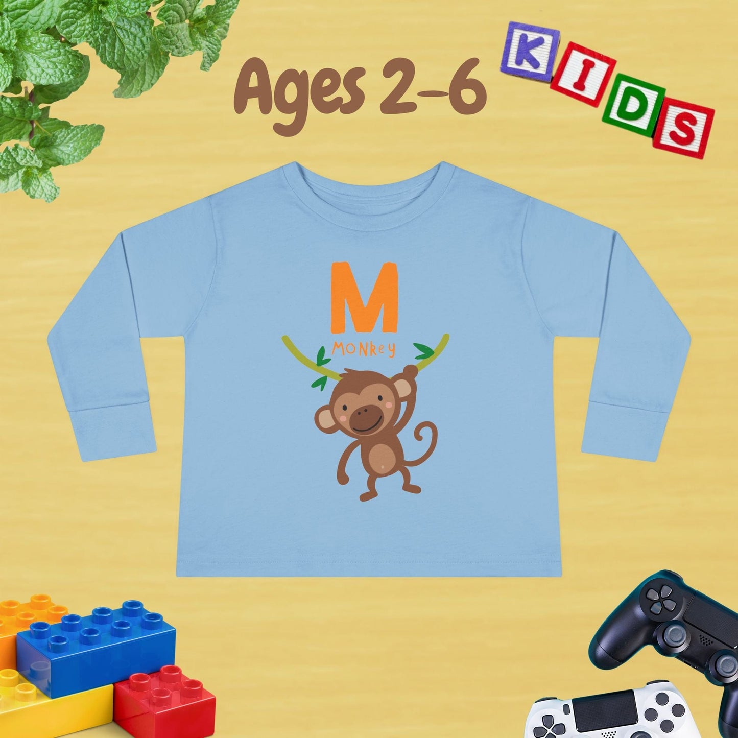 Animal Alphabet M for Monkey Unisex Kids Sweater Toddler Long Sleeve Tee Ages 2-6 - 100% Cotton Spring and Fall Kids Sweatshirt
