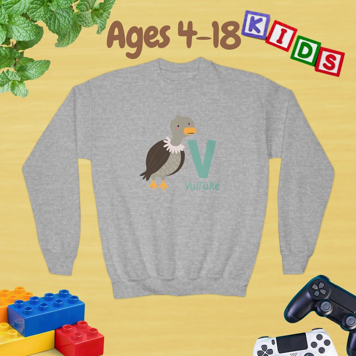 Animal Alphabet V for Vulture Ages 4-18 Unisex Kids and Teens Sweatshirt - Cozy Fall and Winter Youth Sweatshirt