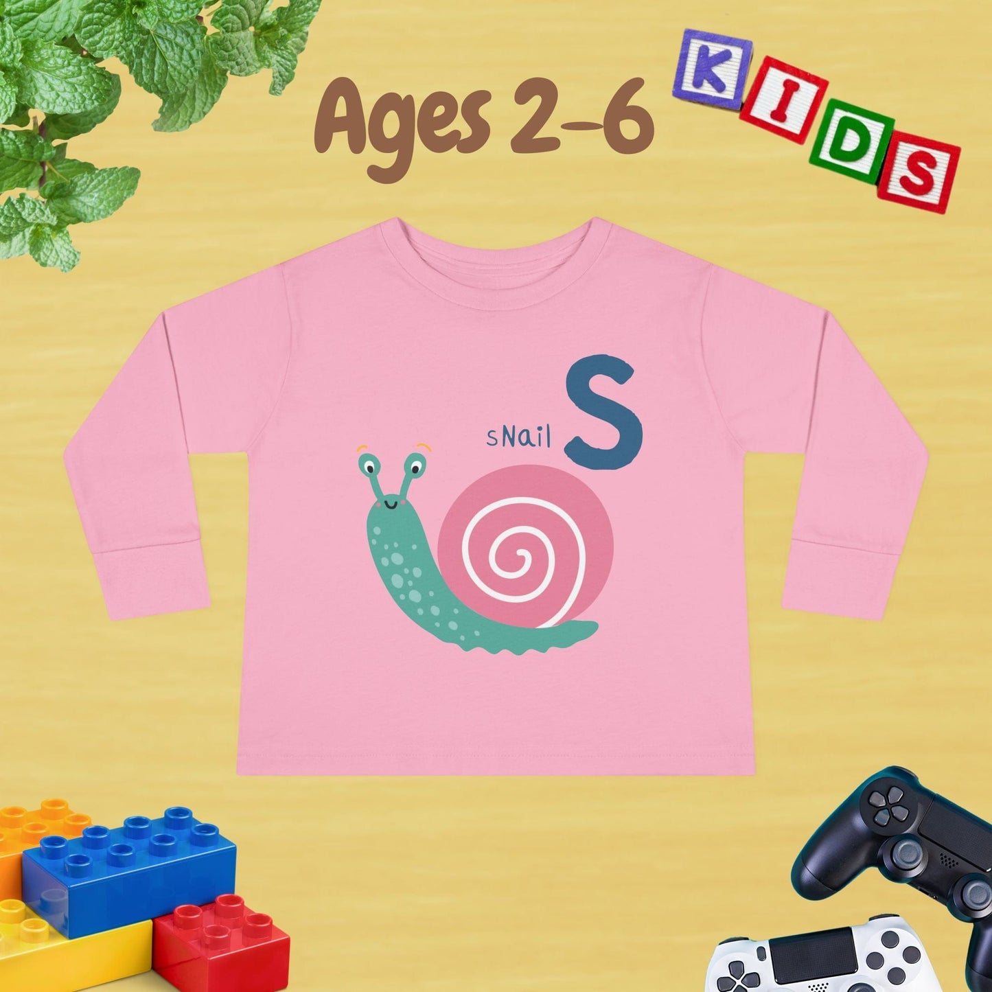 Animal Alphabet S for Snail Unisex Kids Sweater Toddler Long Sleeve Tee Ages 2-6 - 100% Cotton Spring and Fall Kids Sweatshirt