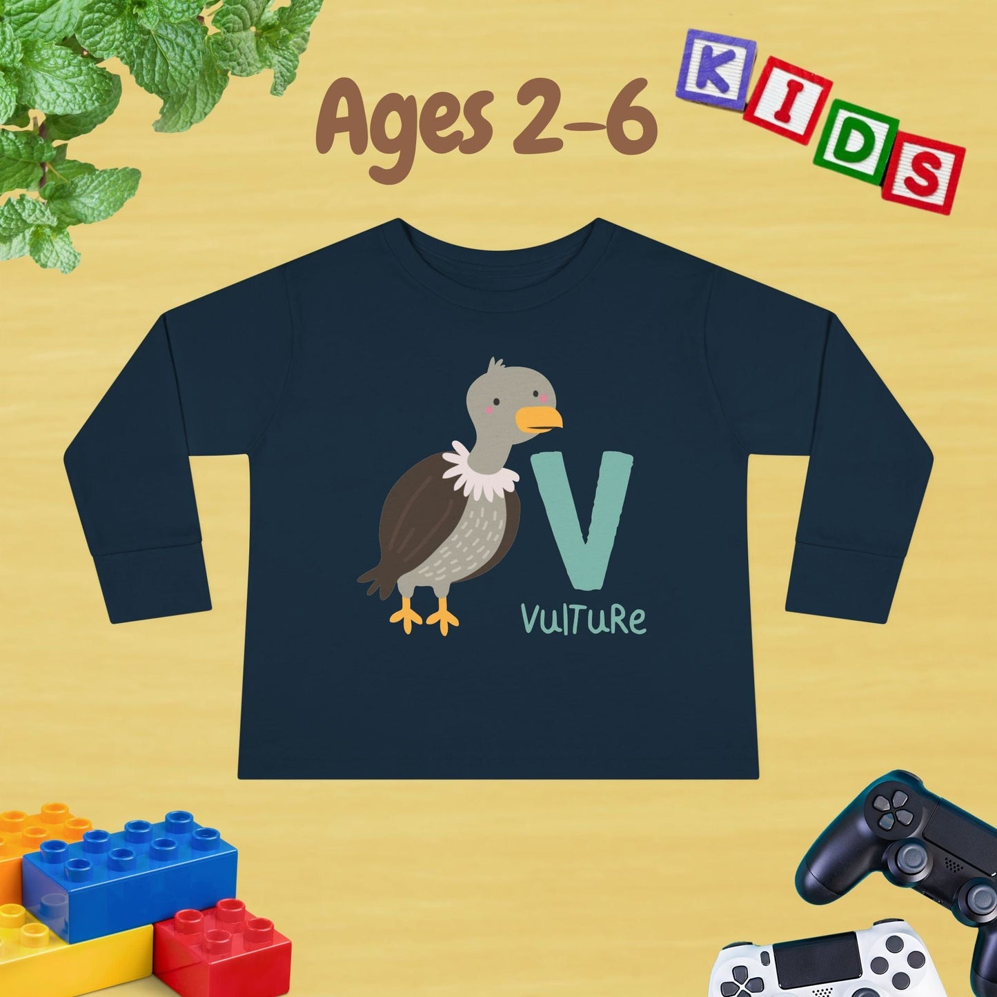 Animal Alphabet V for Vulture Unisex Kids Sweater Toddler Long Sleeve Tee Ages 2-6 - 100% Cotton Spring and Fall Kids Sweatshirt