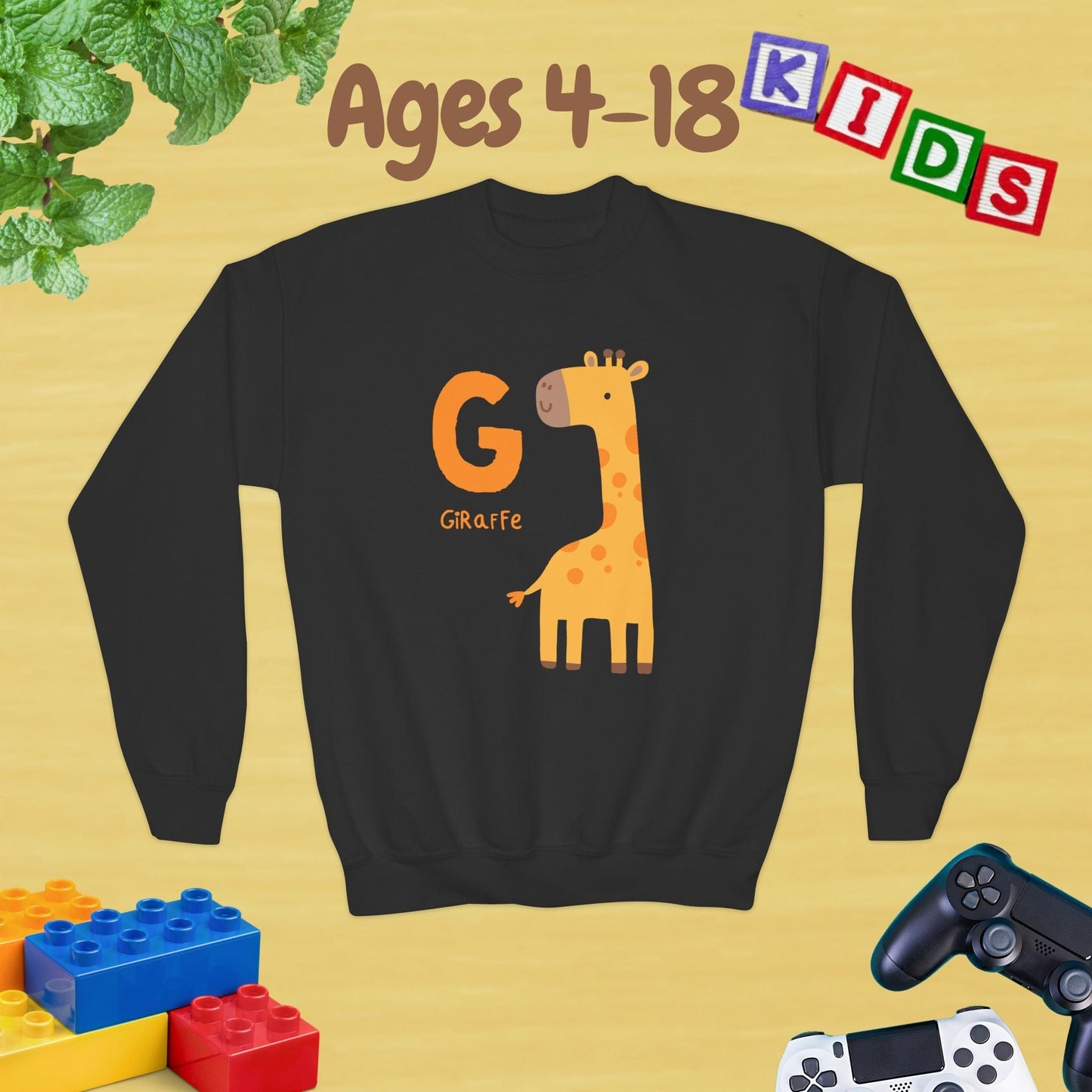 Animal Alphabet - G for Giraffe Ages 4-18 Unisex Kids and Teens Sweatshirt - Cozy Fall and Winter Youth Sweatshirt