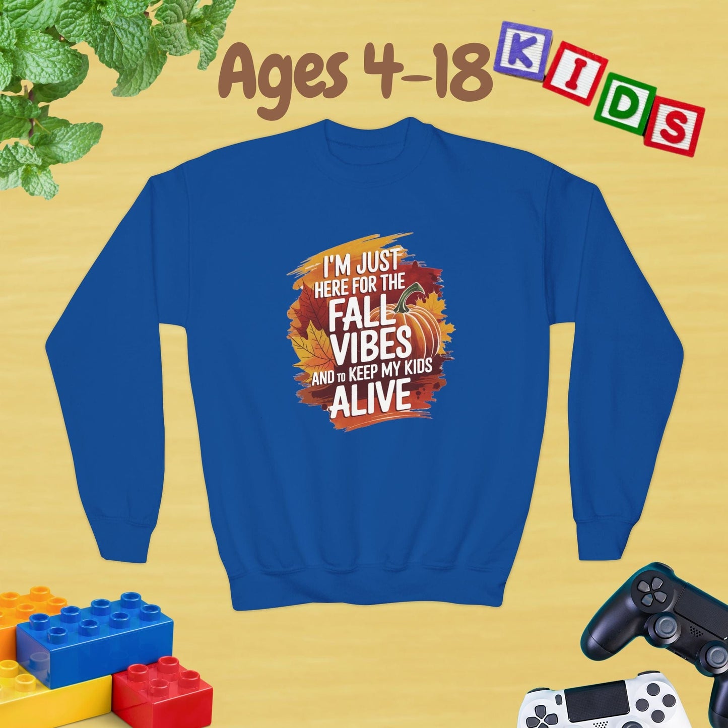 I am Just Here for the Fall Vibes & to Keep My Kids Alive Chill Unisex Ages 4-18 Kids Teens Sweatshirt - Cozy Fall Winter Youth Sweatshirt